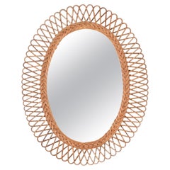 Vintage Franco Albini Midcentury  Bamboo, Rattan and Wicker Oval Mirror,  Italy 1970s