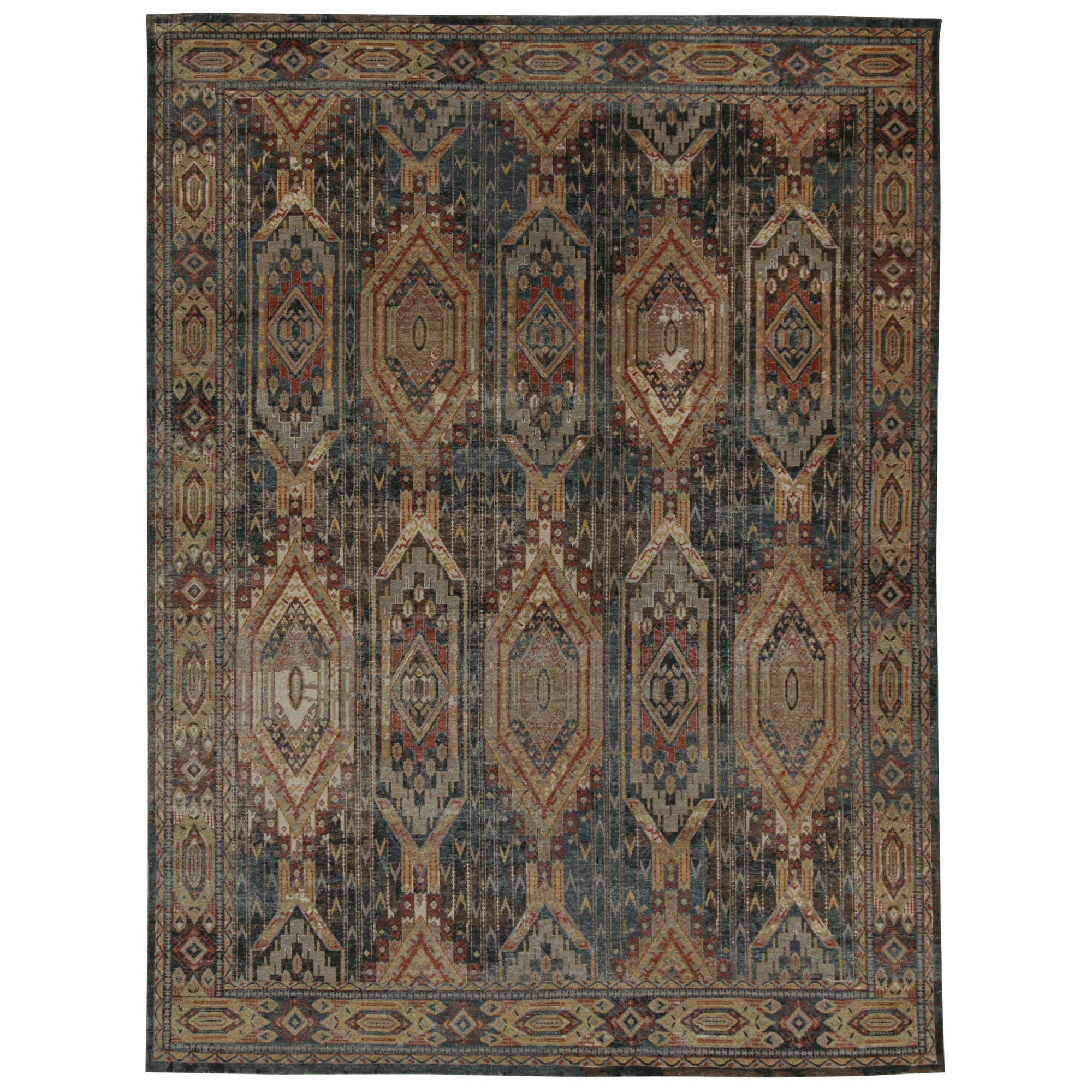 Rug & Kilim’s Tribal Style Rug in Blue, Brown, Red & Gold Geometric Pattern For Sale