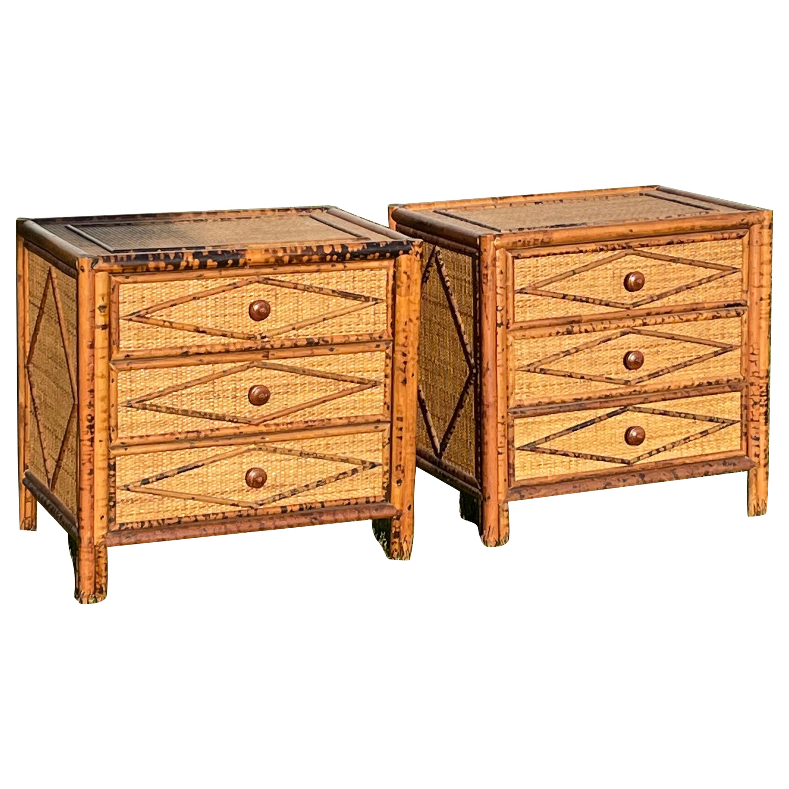 Pair of British Colonial Style Burnt Bamboo Night Stands
