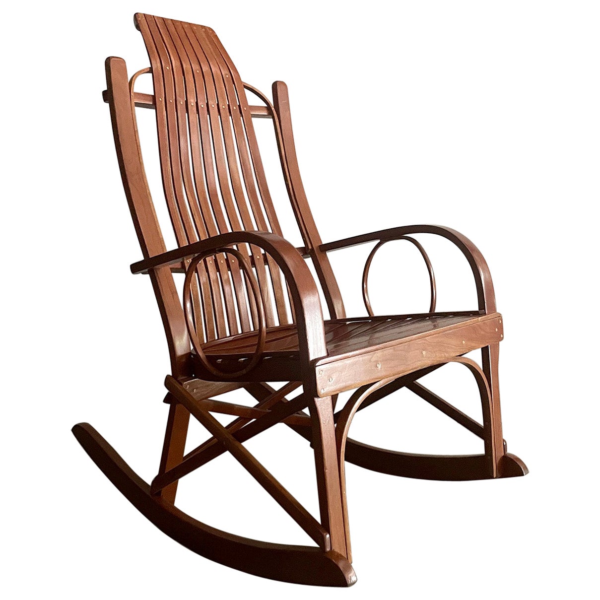Antique Arts & Crafts Slatted Bentwood Rocking Chair  For Sale