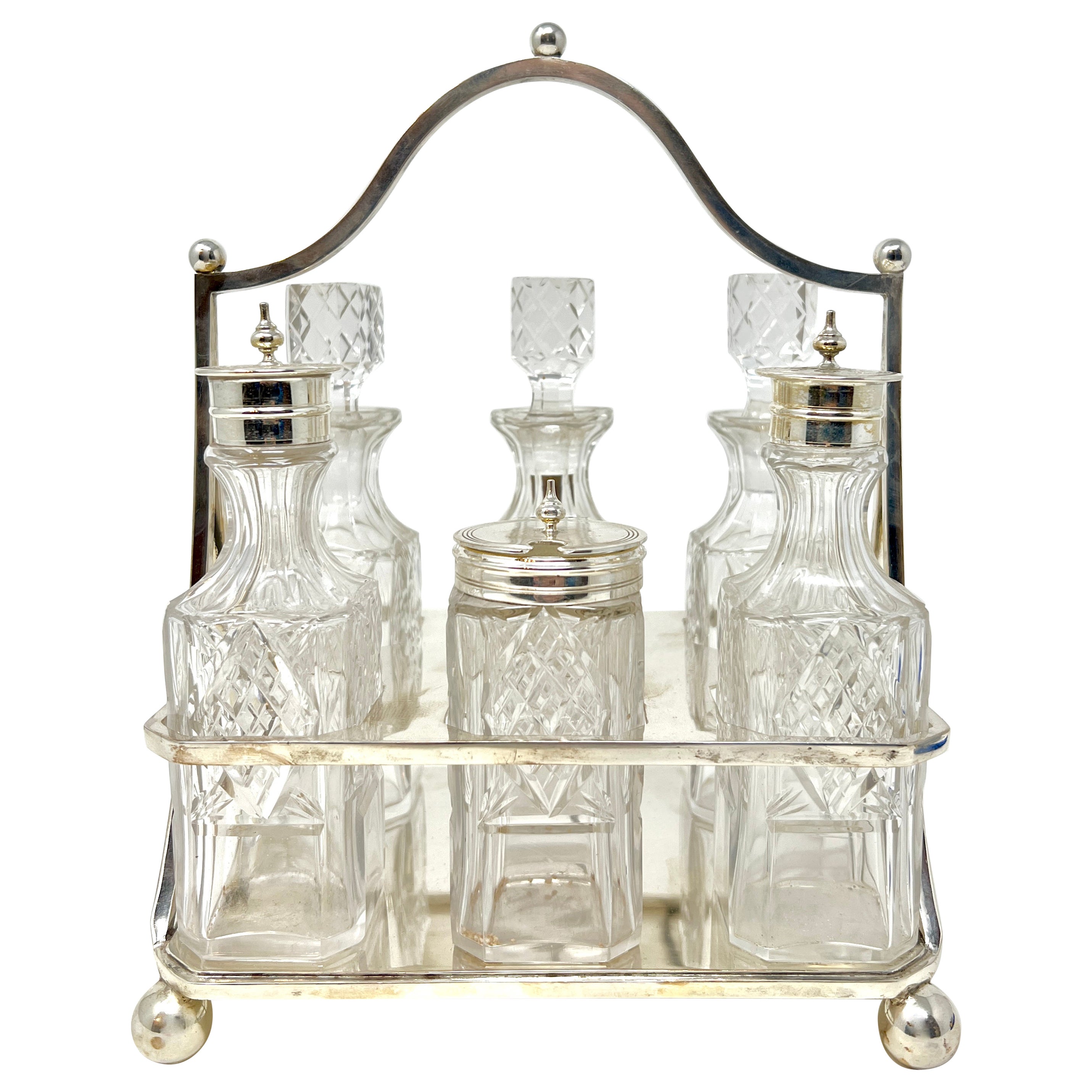 Antique English Silver Plate and Cut Crystal Cruet Set, Circa 1880-1890. For Sale