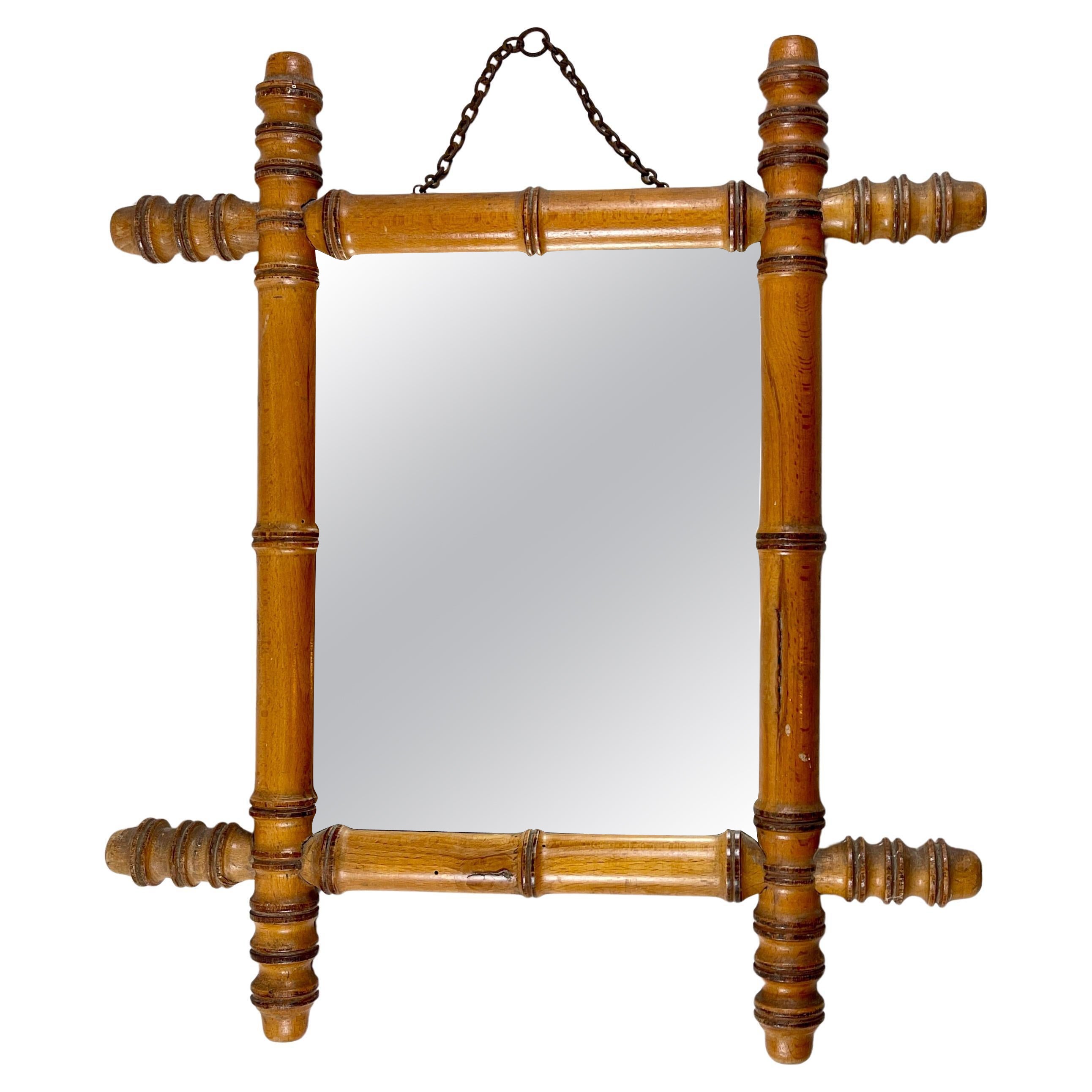1920s French Faux Bamboo Wood Framed Mirror For Sale