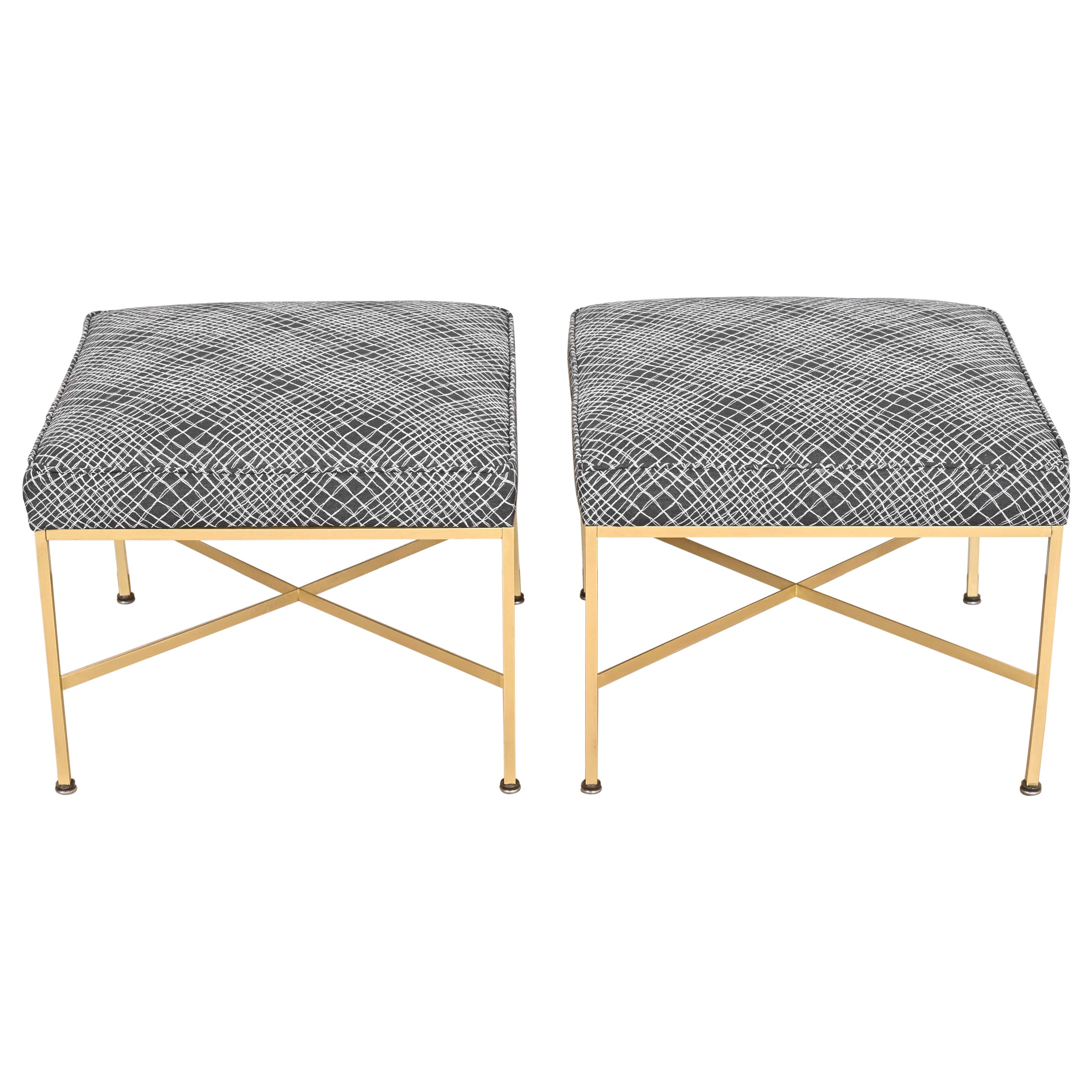 Paul McCobb X-Base Brass and Upholstered Stools or Ottomans, Newly Restored For Sale