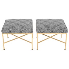 Paul McCobb X-Base Brass and Upholstered Stools or Ottomans, Newly Restored