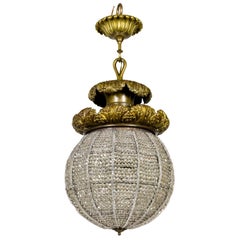 Antique Large Belle Epoque Beaded Crystal Sphere Light Fixture w/ Bronze Foliate