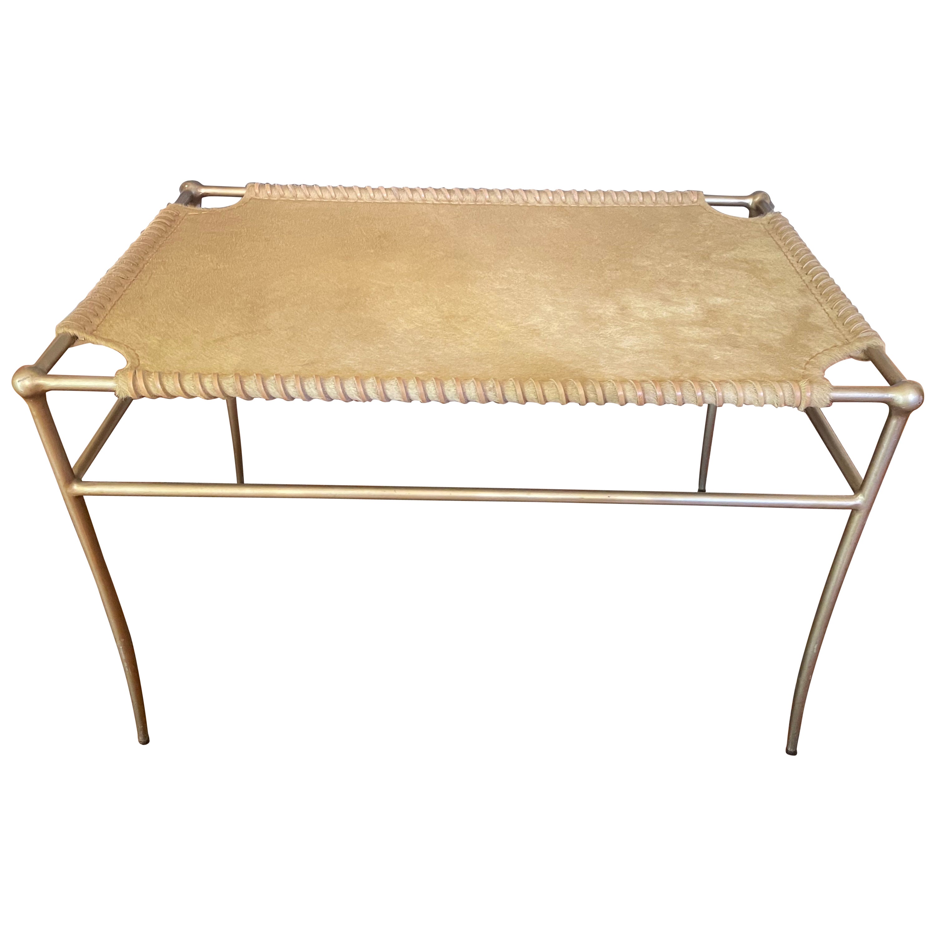 Umber-Colored Hide, Leather and Brass Bench For Sale