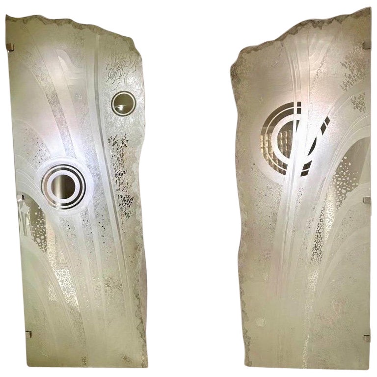 Pair of Artist Deigned Custom Etched Glass Panels in Post Modern Art Style  For Sale