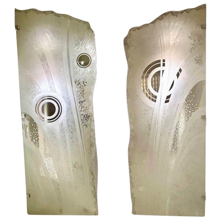 Pair of Spectacular Custom Post Modern Architectural Etched Glass Panels For Sale