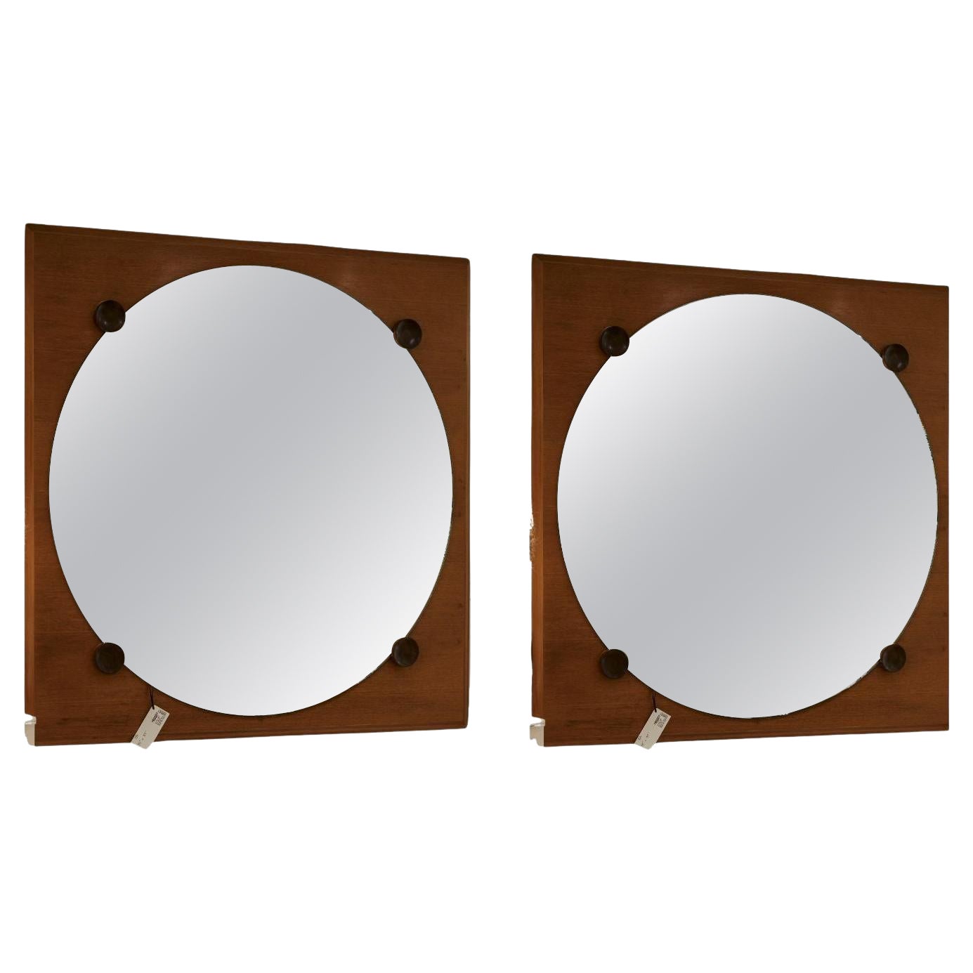 1950's Italy Pair of Walnut Mirrors with Cherry Wood Disc Detail For Sale