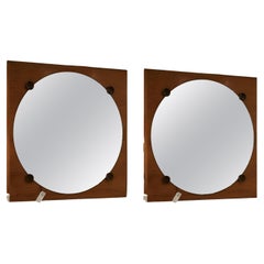 1950's Italy Pair of Walnut Mirrors with Cherry Wood Disc Detail