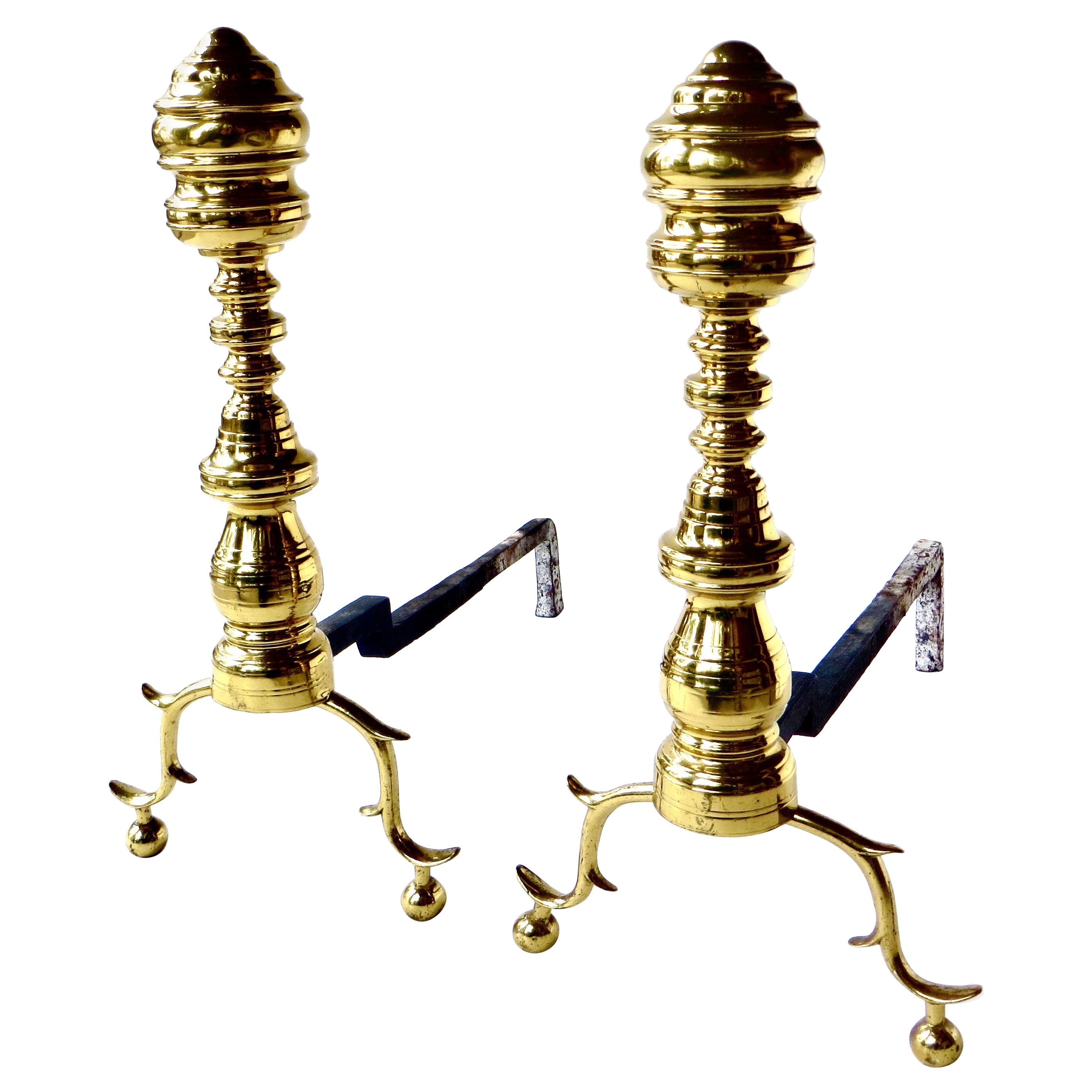 Pair of Early Victorian Fireplace Brass Andirons. American, Circa 1850 For Sale