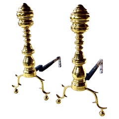 Vintage Pair of Early Victorian Fireplace Brass Andirons. American, Circa 1850