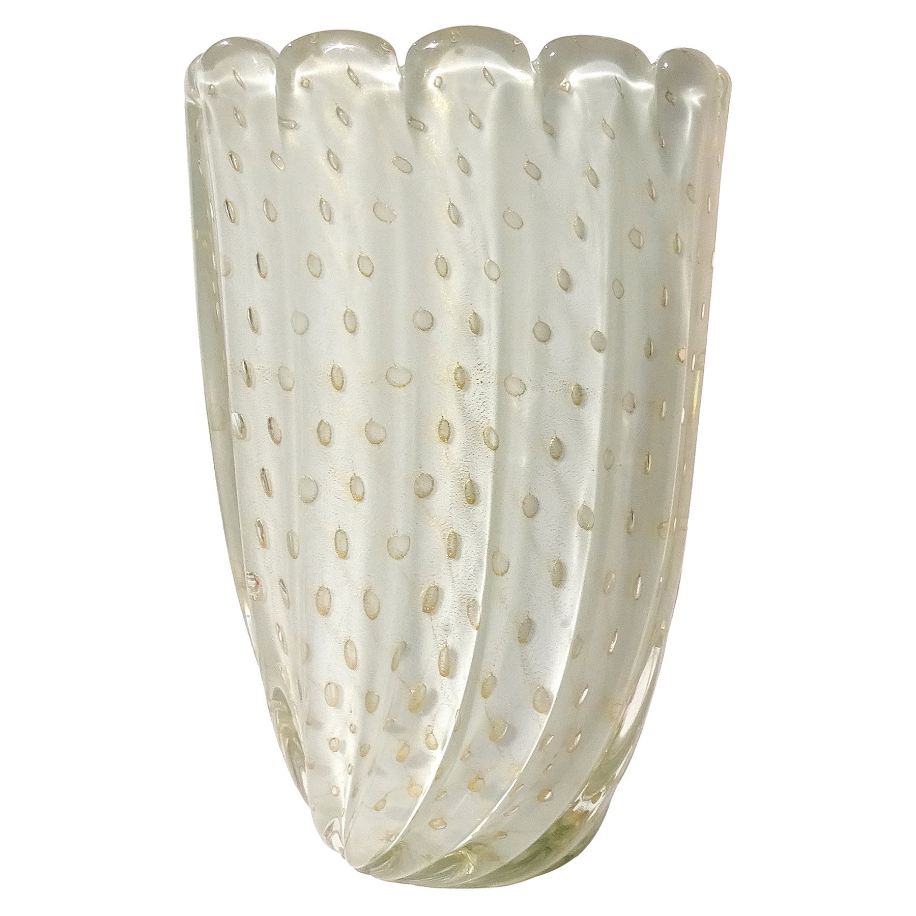 Barbini Murano Vintage White Gold Flecks Bubbles Italian Art Glass Flower Vase