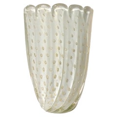 Barbini Murano Vintage White Gold Flecks Bubbles Italian Art Glass Flower Vase