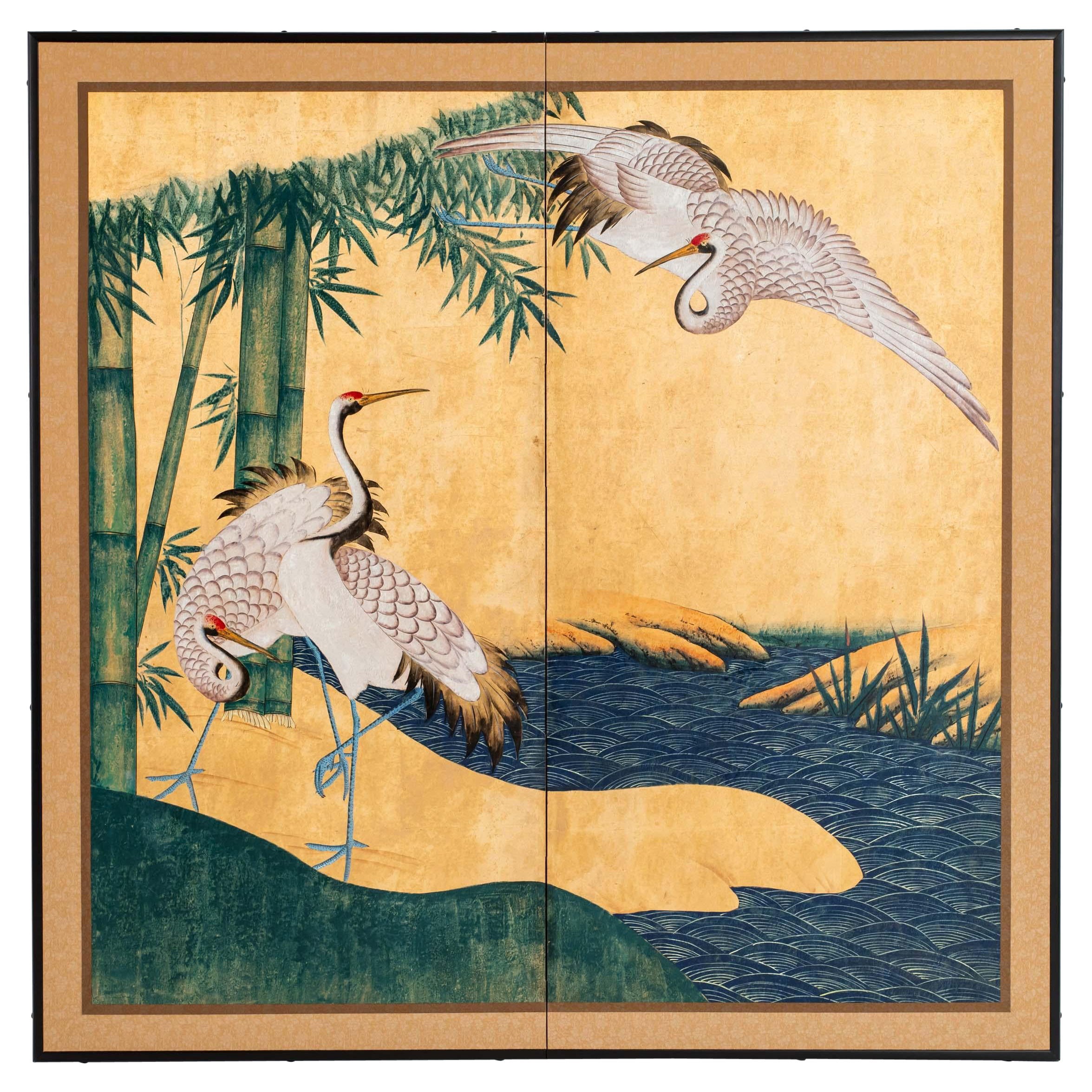 Paravent japonais contemporain peint à la main représentant des grues au bord d'une rivière