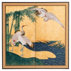 Contemporary Hand-Painted Japanese Screen of Cranes by the River