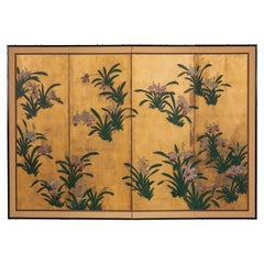 Hand-Painted Japanese Folding Screen Byobu of Scattered Orchids