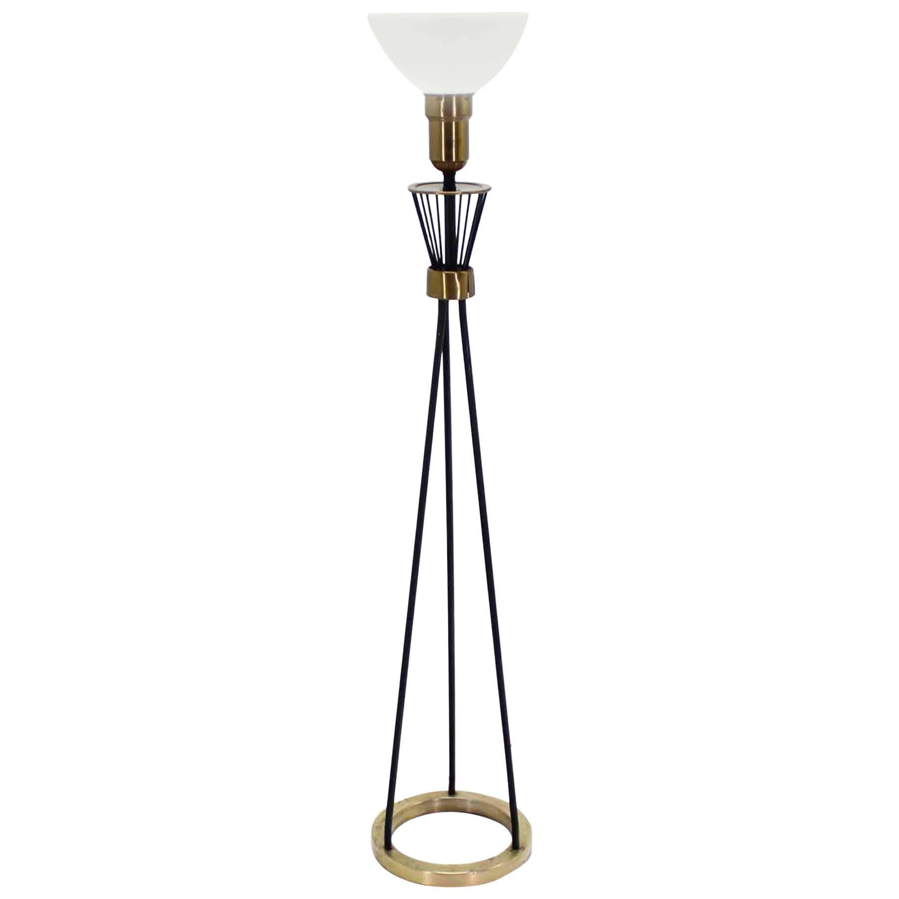Round Brass Base Iron Spokes Midcentury Floor Lamp For Sale