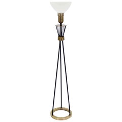 Vintage Round Brass Base Iron Spokes Midcentury Floor Lamp