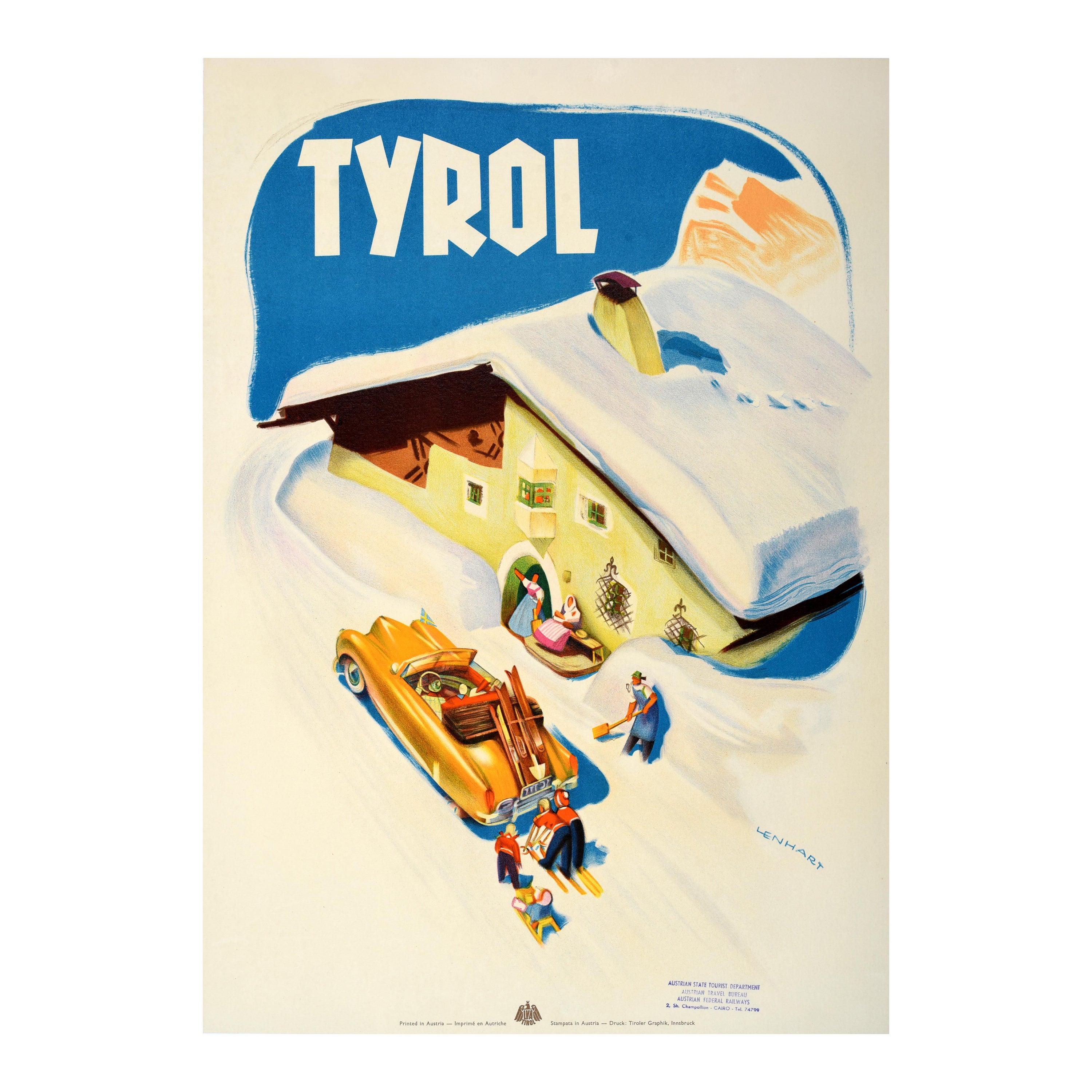 Original Vintage Winter Travel Poster Tyrol Franz Lenhart Ski Chalet Austria For Sale