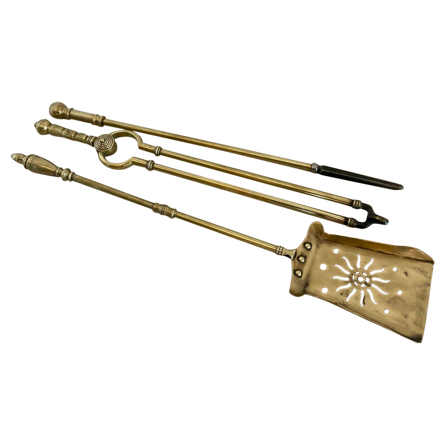 Three Antique Victorian Quality Brass Starburst Fire Irons  For Sale