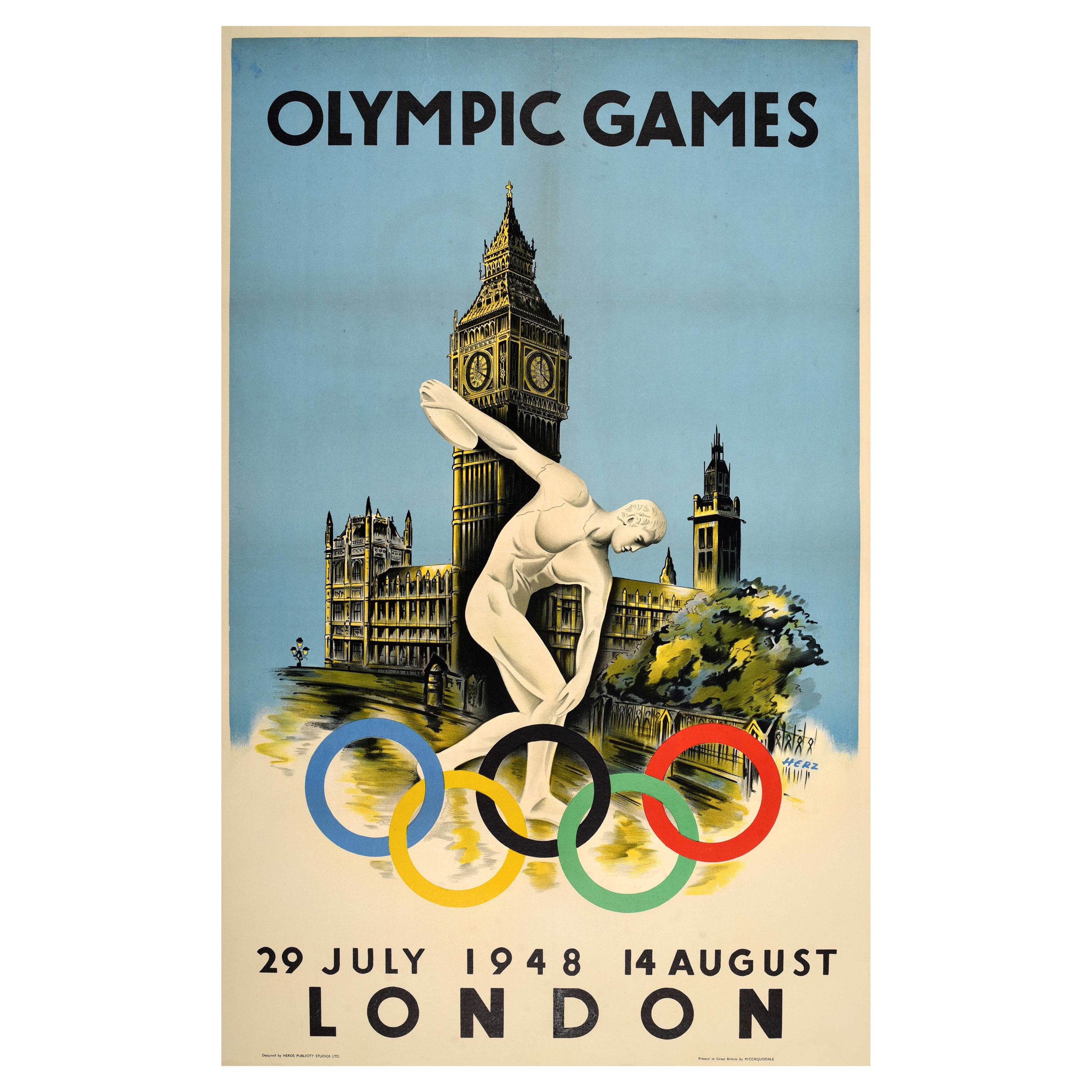 Affiche sportive originale des Jeux olympiques de 1948 à Londres Walter Herz Big Ben