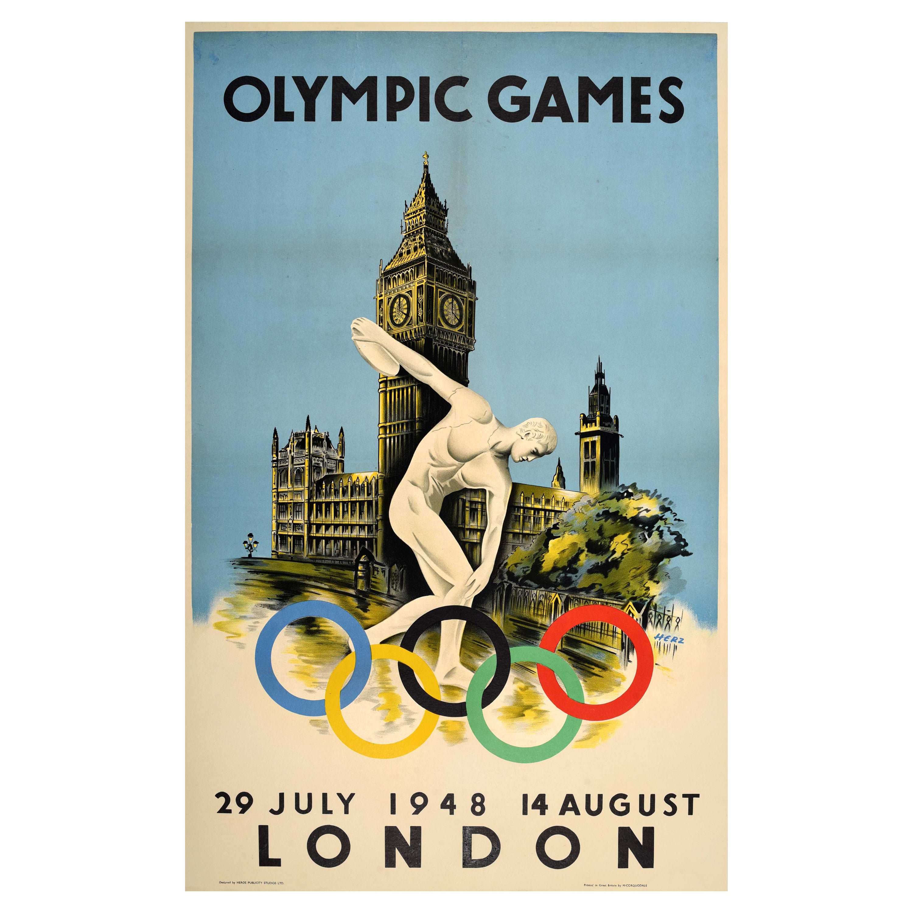 Original Vintage 1948 London Olympic Games Poster Featuring Discobolus 