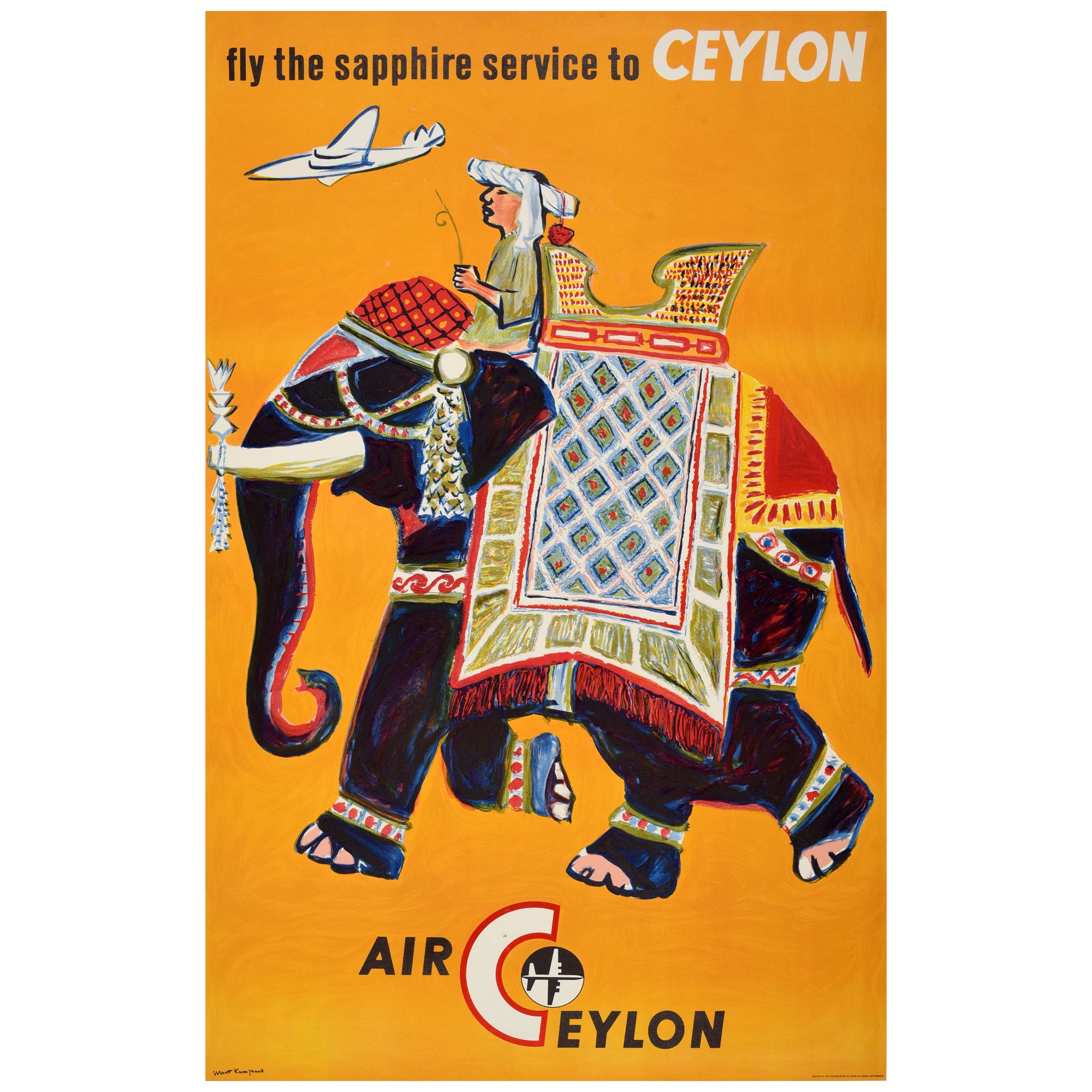 Original Vintage South Asia Travel Poster Air Ceylon Airline Sri Lanka Elephant For Sale