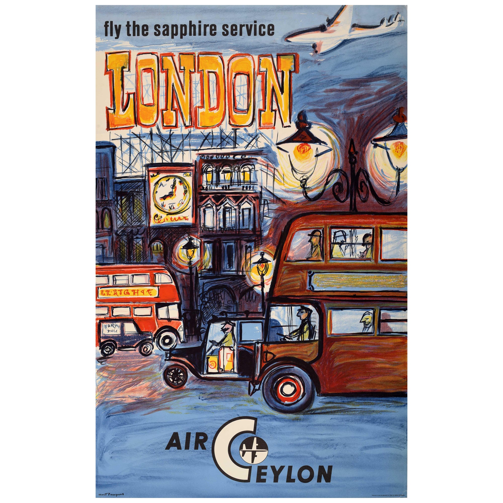 Original Vintage Asia Travel Poster London Air Ceylon Airline Sri Lanka Sapphire For Sale