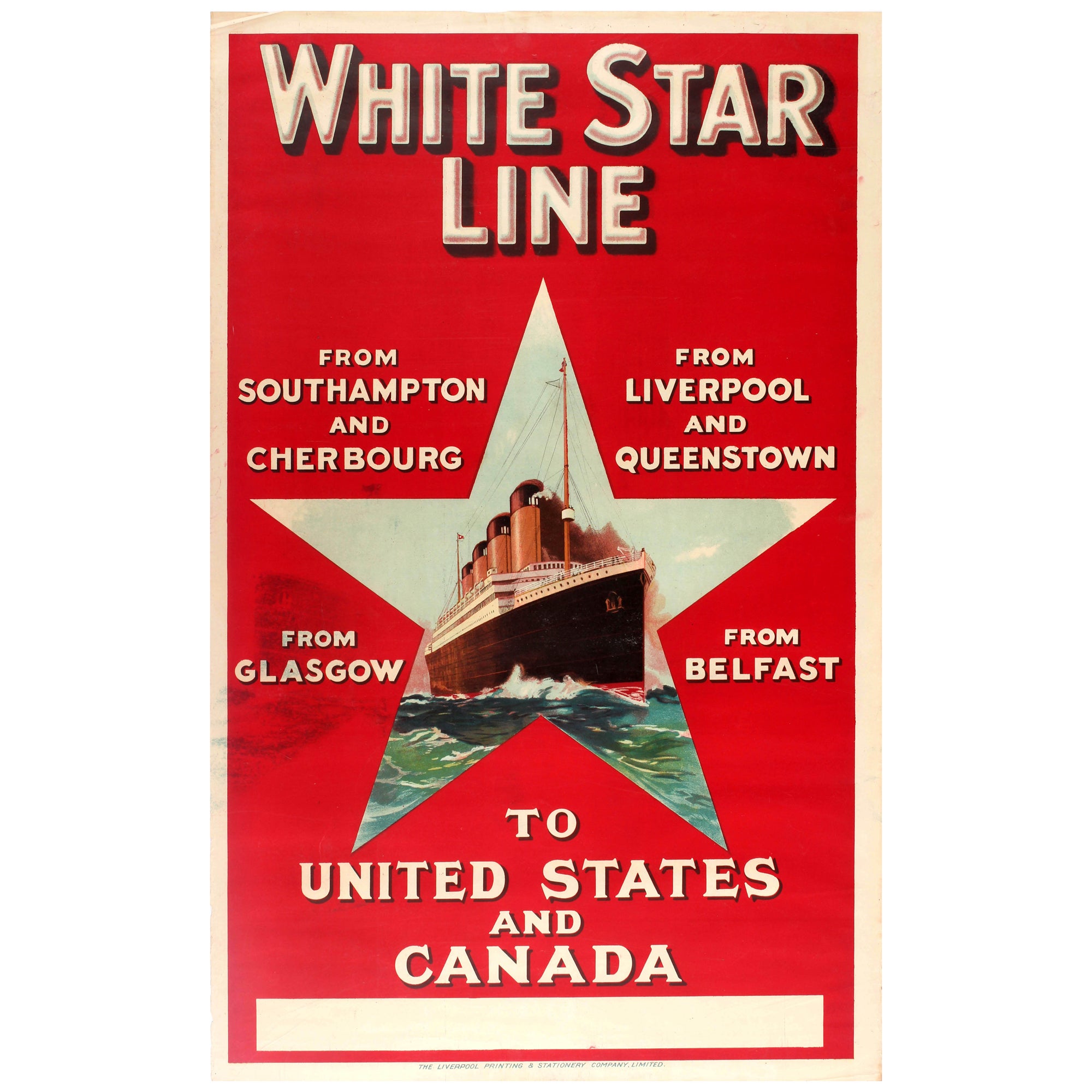 Original Antique Travel Poster White Star Line United States Canada RMS Olympic For Sale
