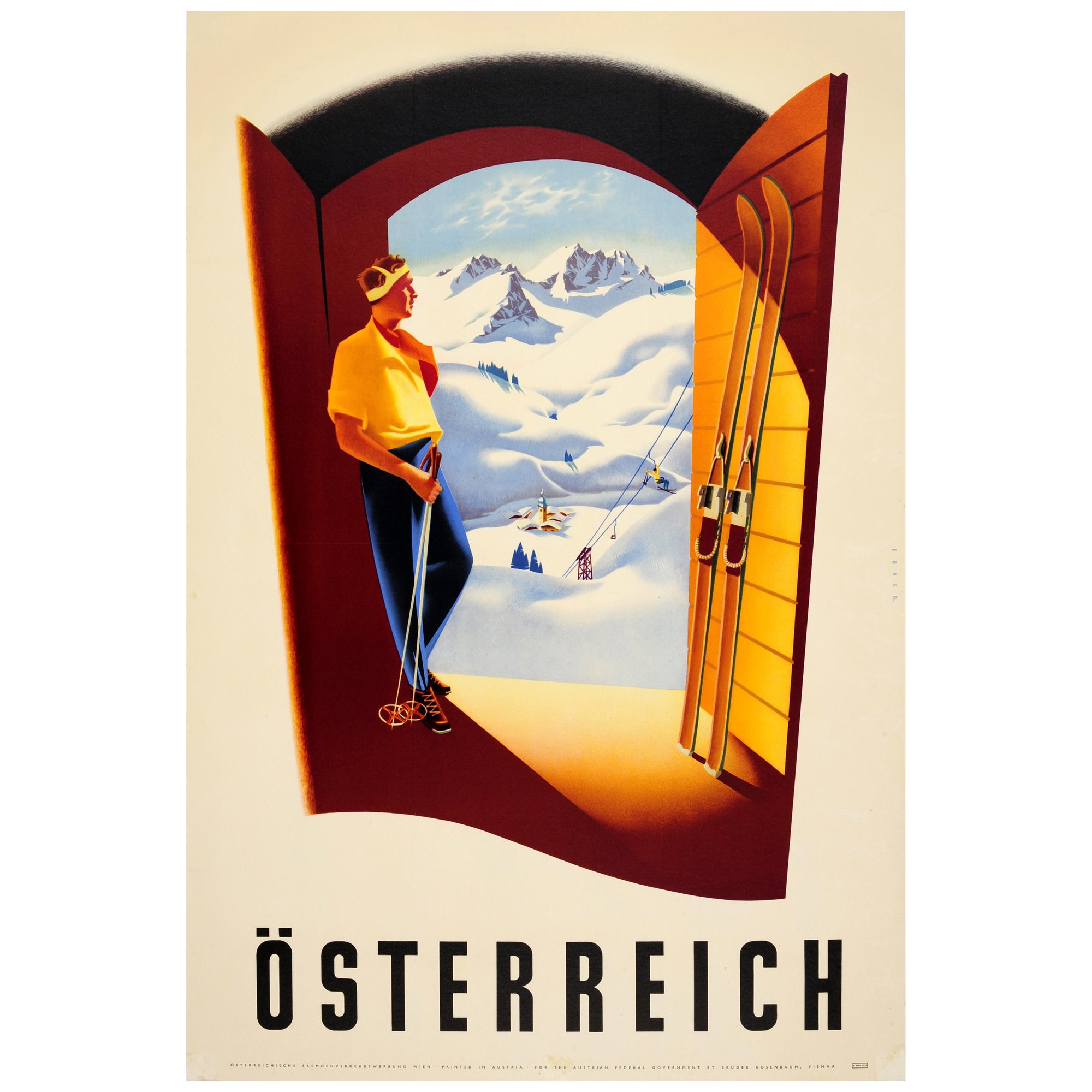 Original Vintage Travel Winter Sports Poster Osterreich Austria Ebner Skiing For Sale