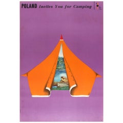 Affiche de voyage vintage originale Pologne Invites You camping Tent Maciej Urbaniec