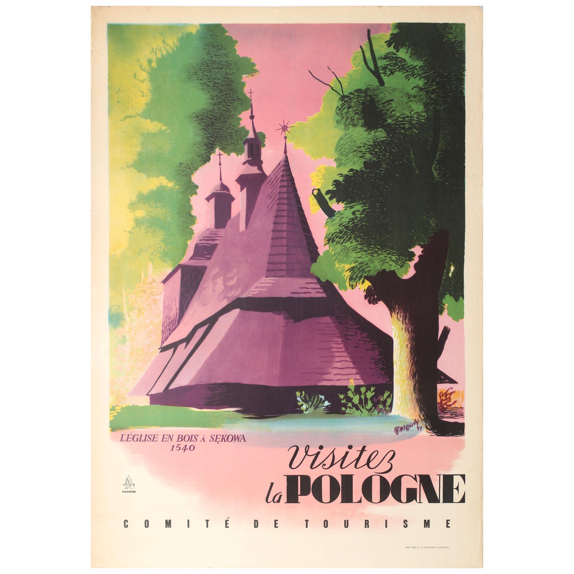 Original Vintage Travel Poster Poland Sekowa Gothic Wooden Catholic Church For Sale