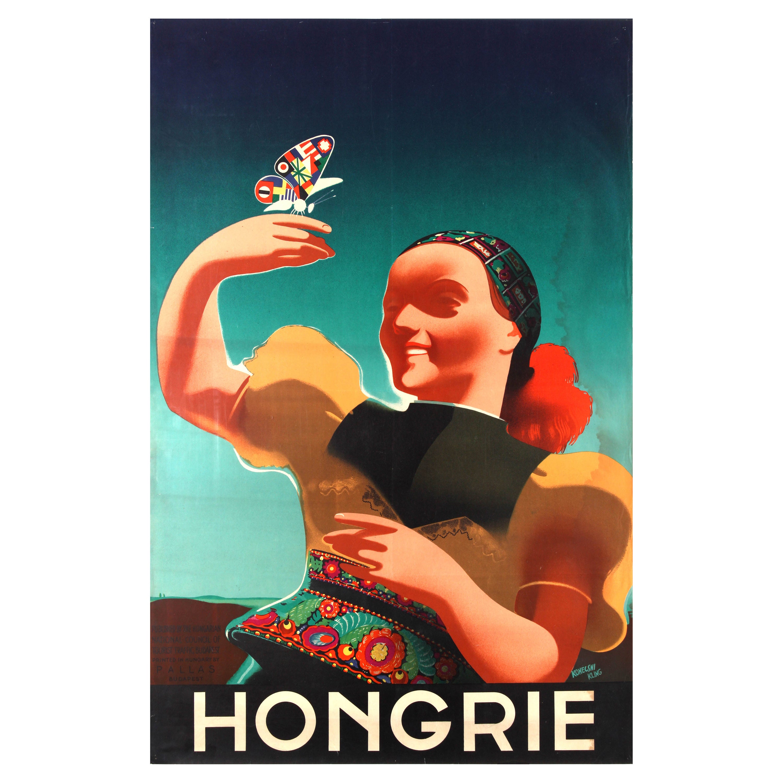 Affiche de voyage originale Hongrie Magyar Art Deco Konecsni Kling en vente