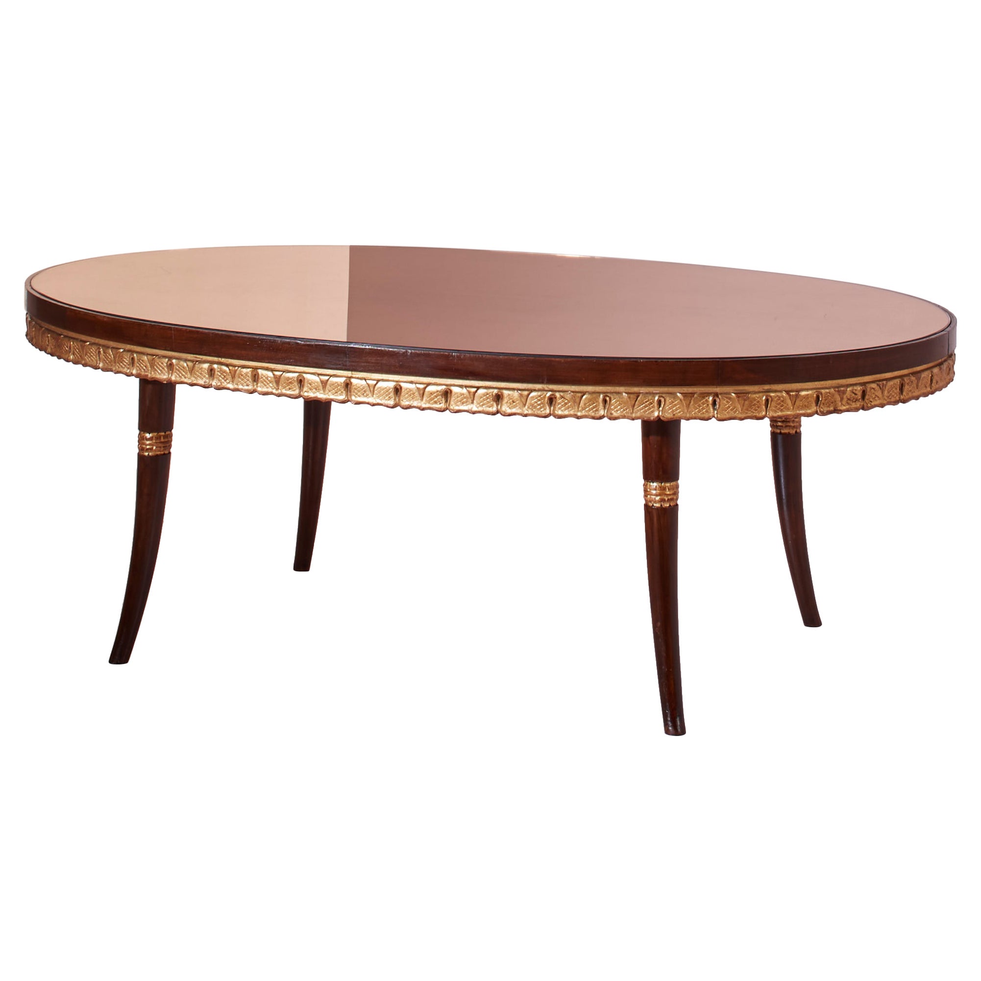 Table basse Paolo buffa avec bois peint et doré et plateau en verre miroir en vente