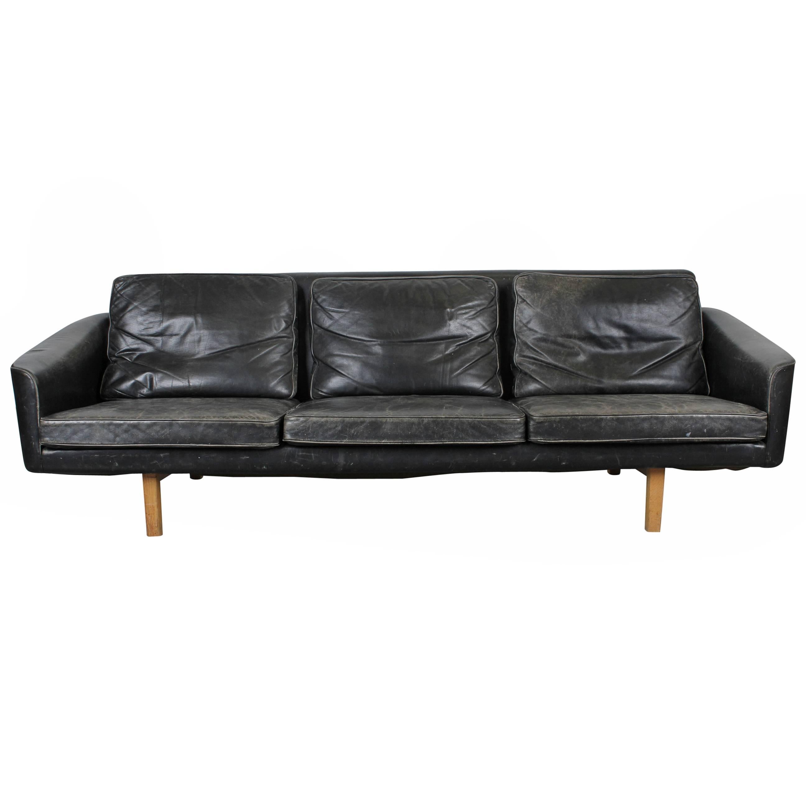 Mid-Century Modern Black Leather Sofa
