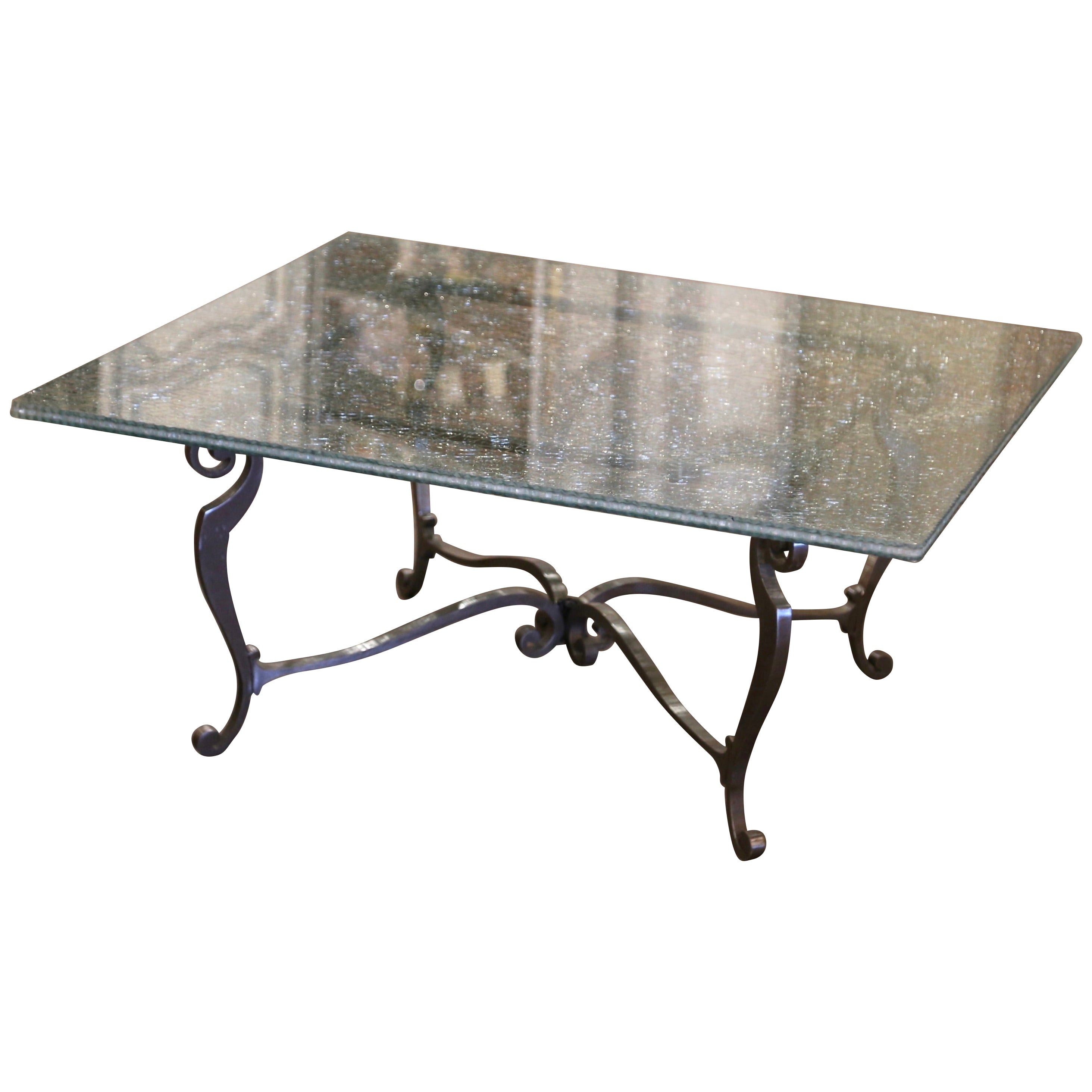 Vintage Crackle Glass Coffee Table on Polished Iron Base For Sale