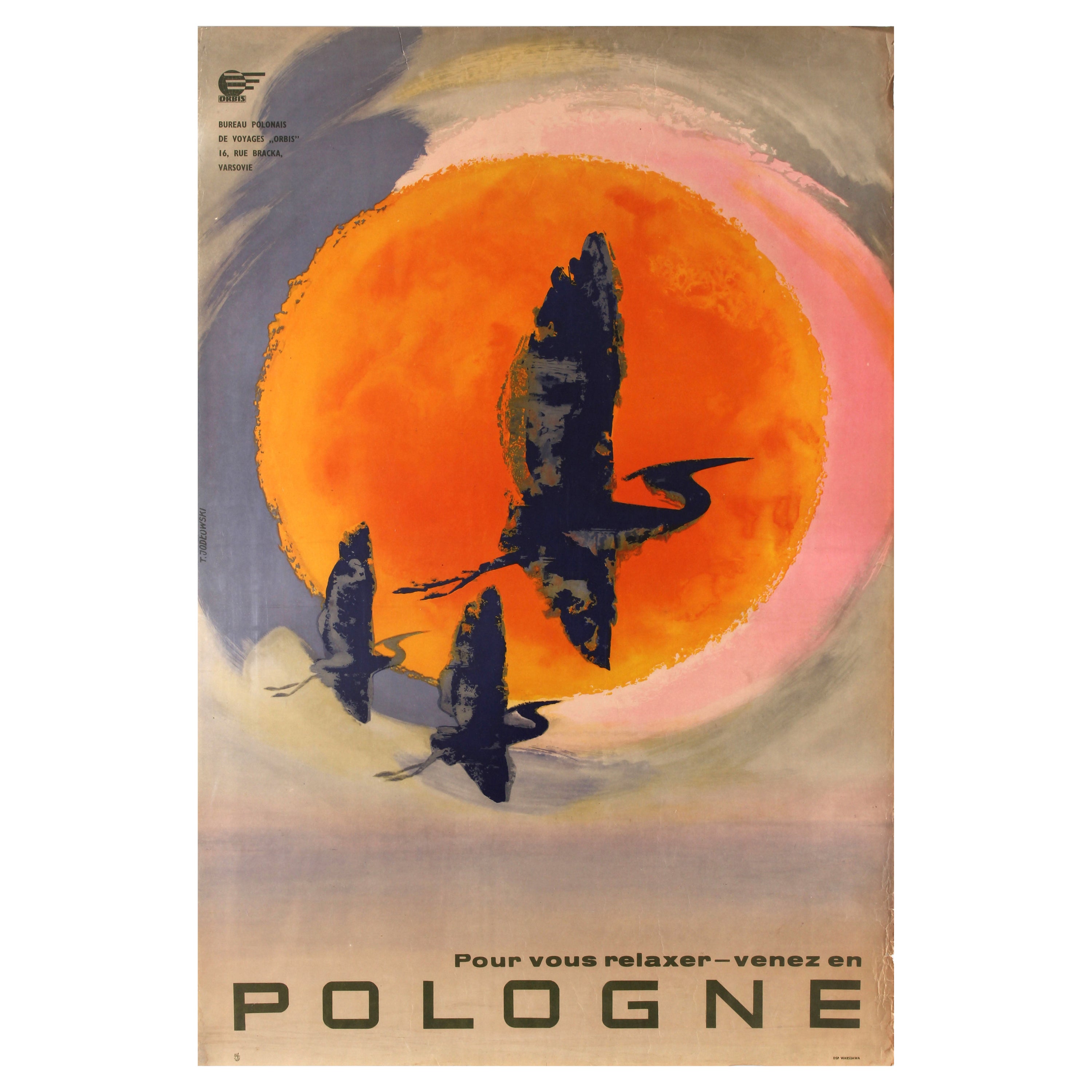 Original Vintage Travel Poster Poland Where You Can Relax Cranes Jodlowski For Sale