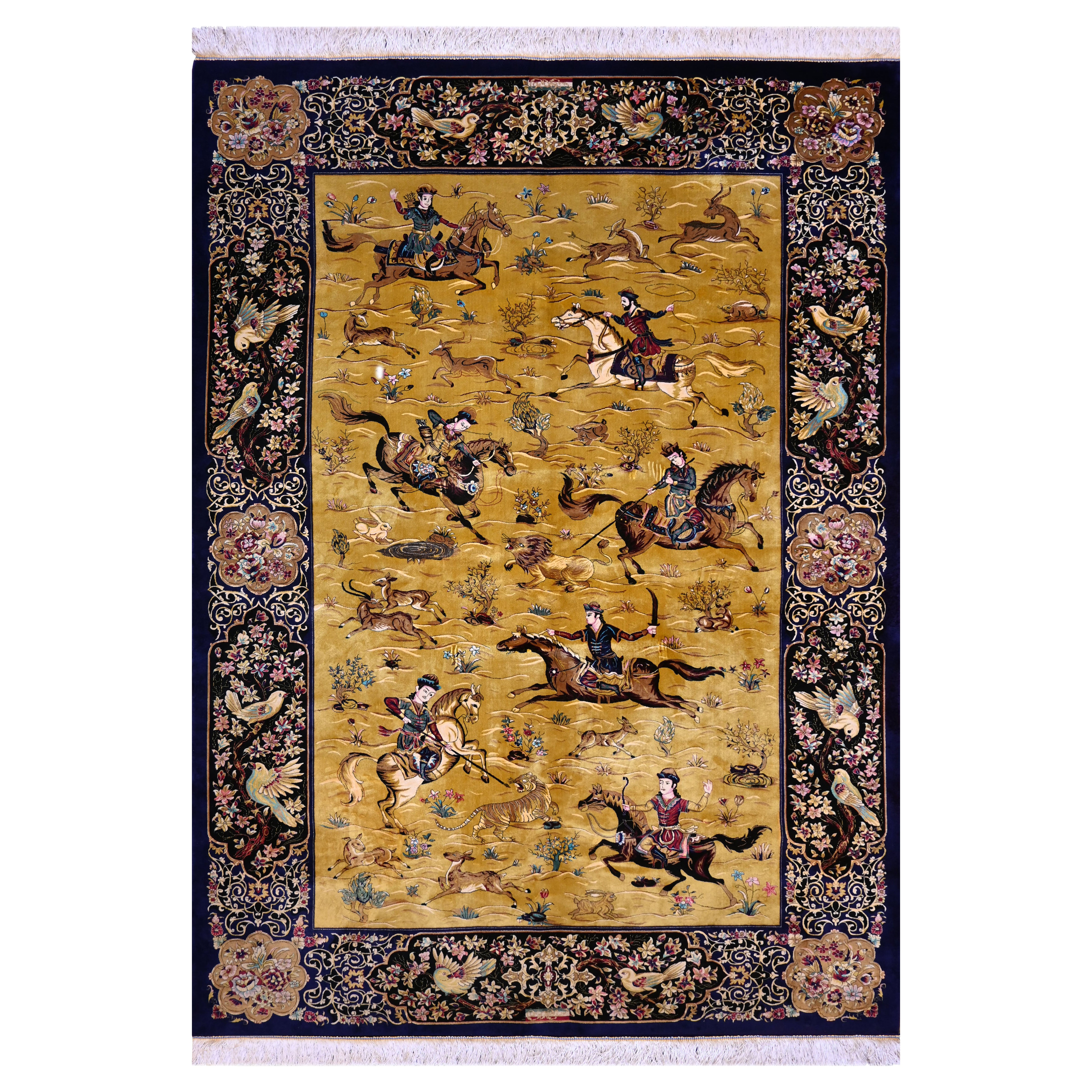 Golden Background Silk Carpet - Wild Animal Hunting Decor- Art Safavides N° 1368 For Sale