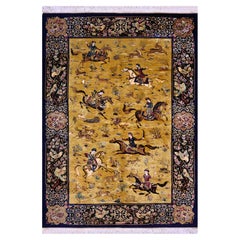 Vintage Golden Background Silk Carpet - Wild Animal Hunting Decor- Art Safavides N° 1368