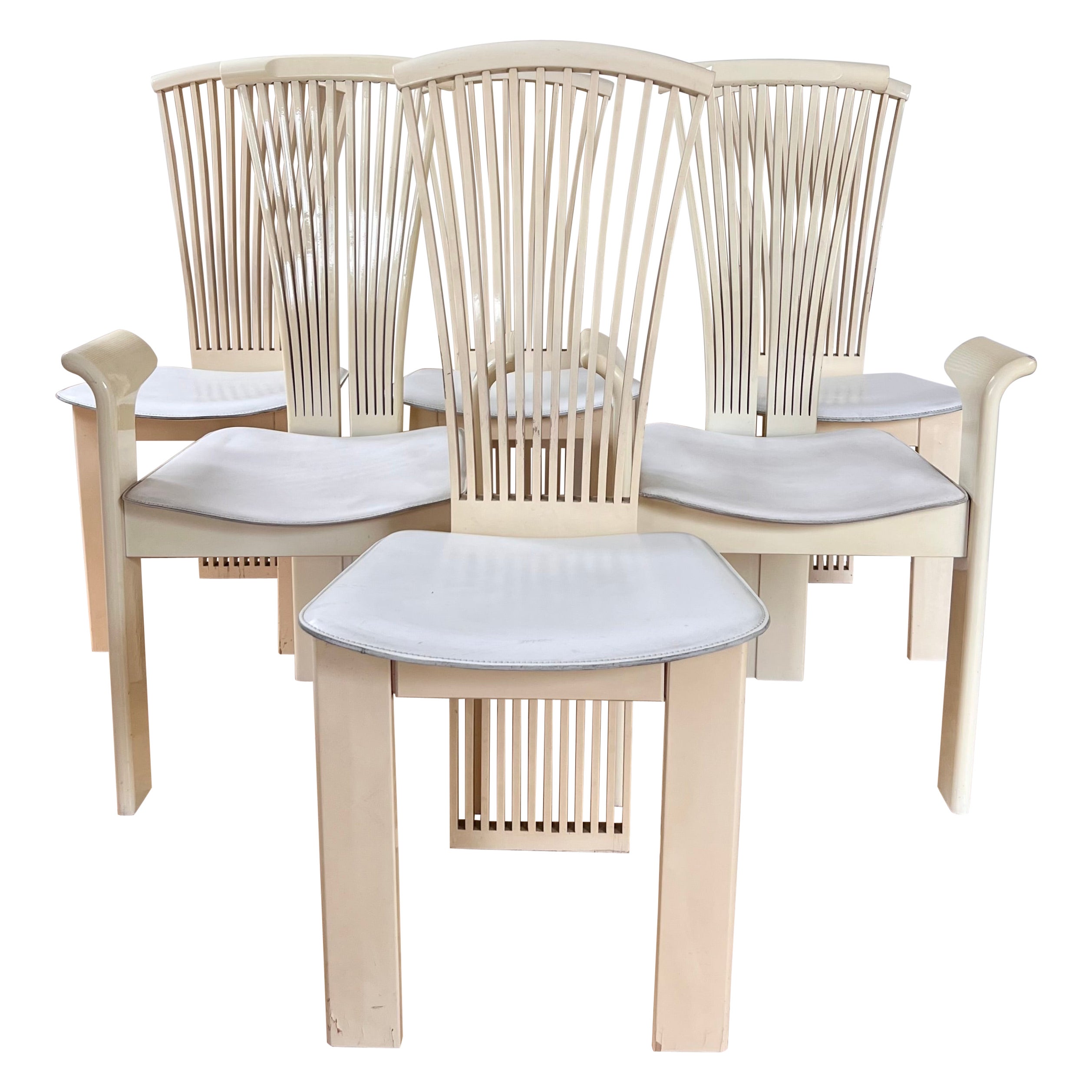 A set of six vintage Italian white lacquered leather dining chairs, late 20th c.