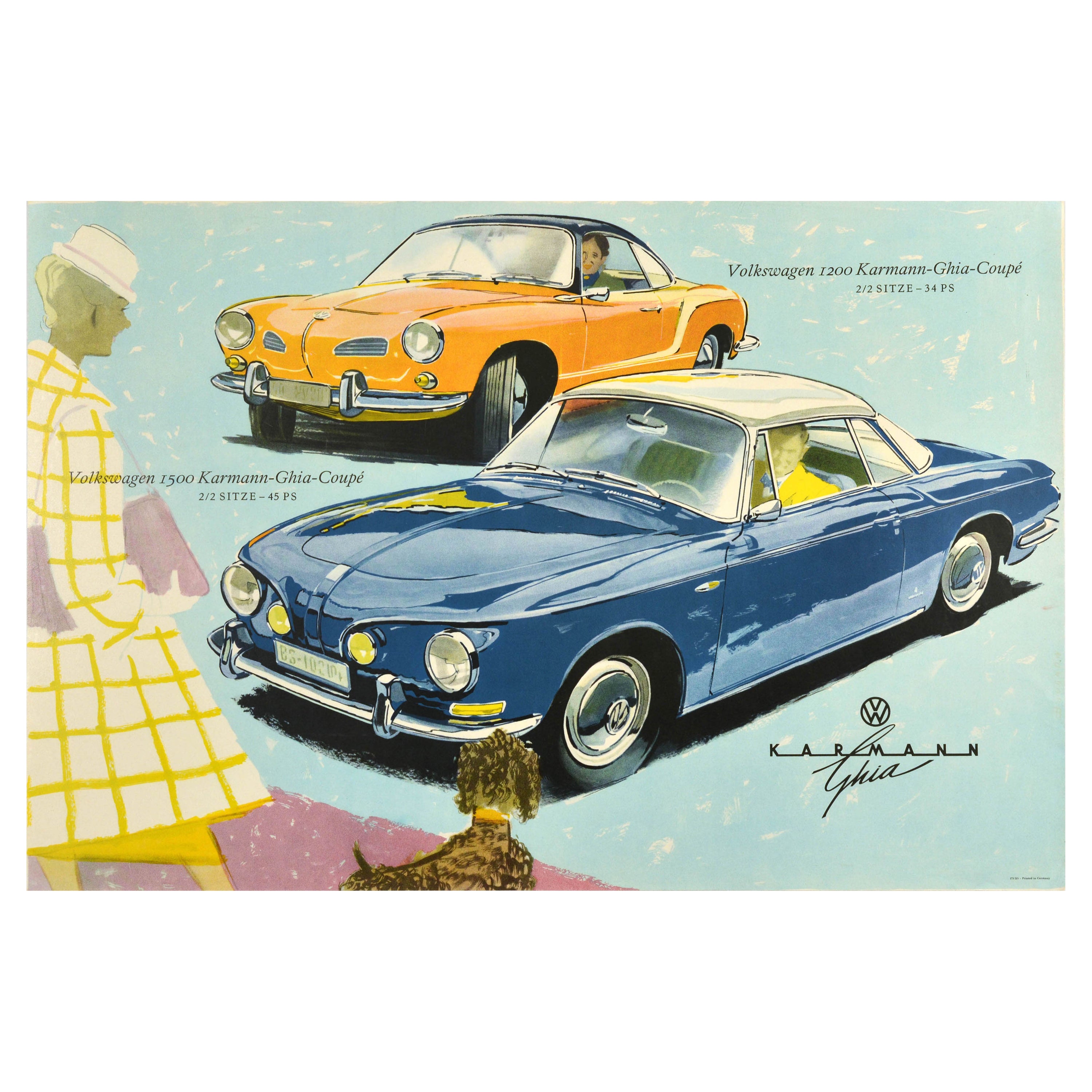 Original Vintage VW Car Advertising Poster Volkswagen Karmann Ghia Automobile For Sale