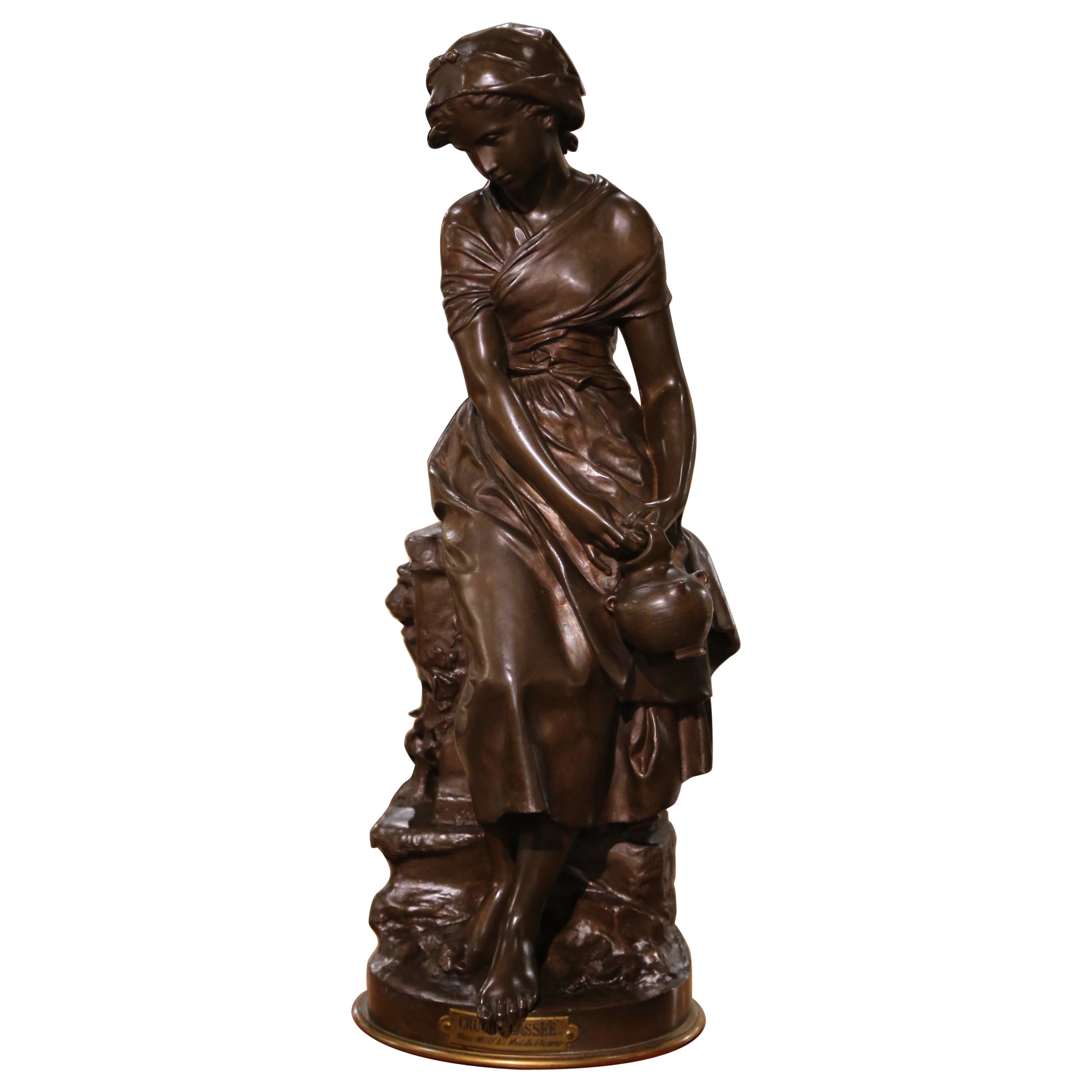 Statue française du 19ème siècle en bronze patiné « La Cruche Cassee » signée M. Moreau en vente
