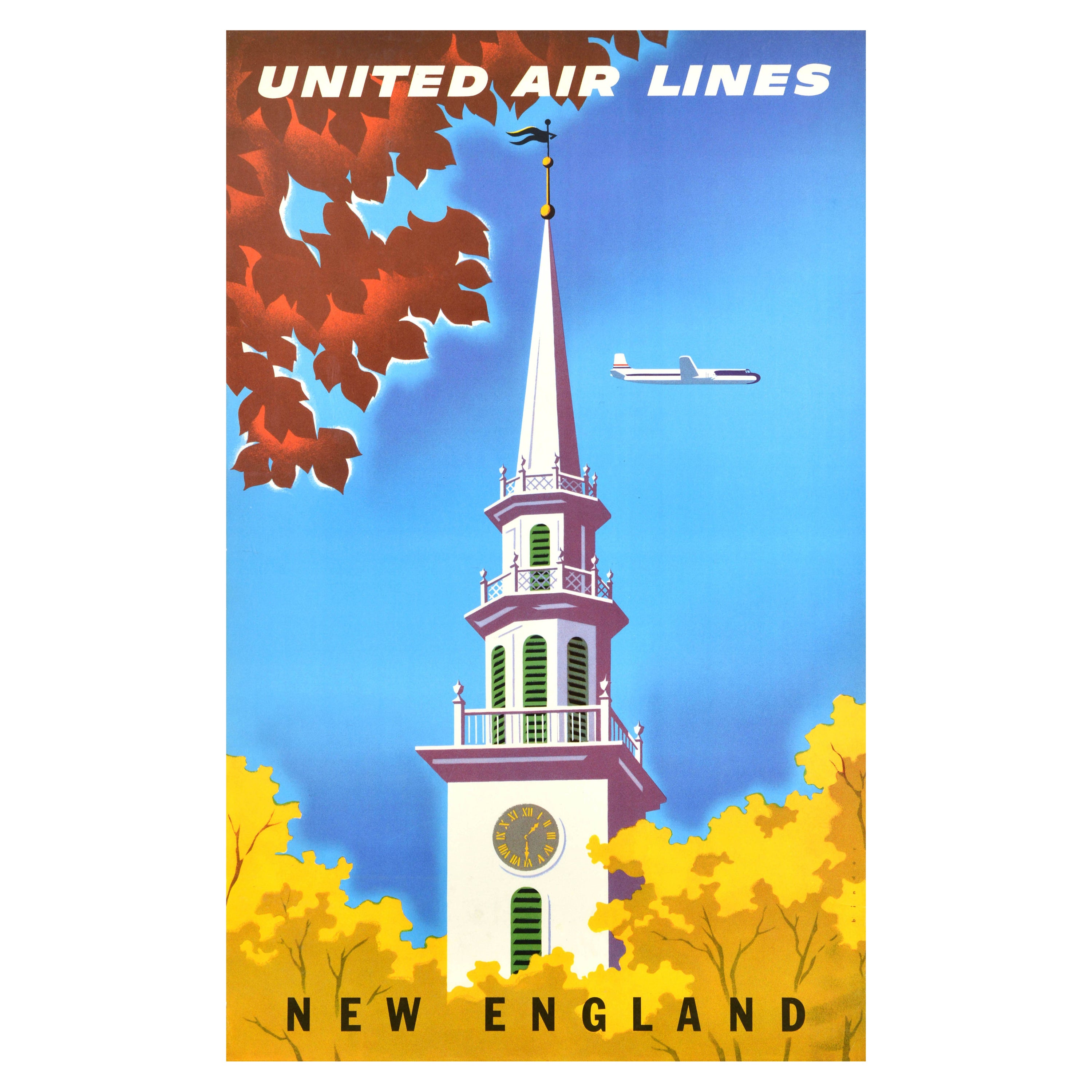 Cartel publicitario original de época sobre viajes United Air Lines New England Binder