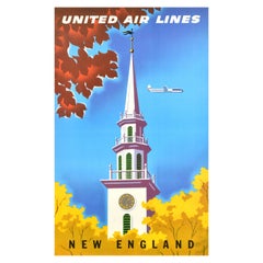 Affiche publicitaire originale de voyage United Air Lines New England Binder