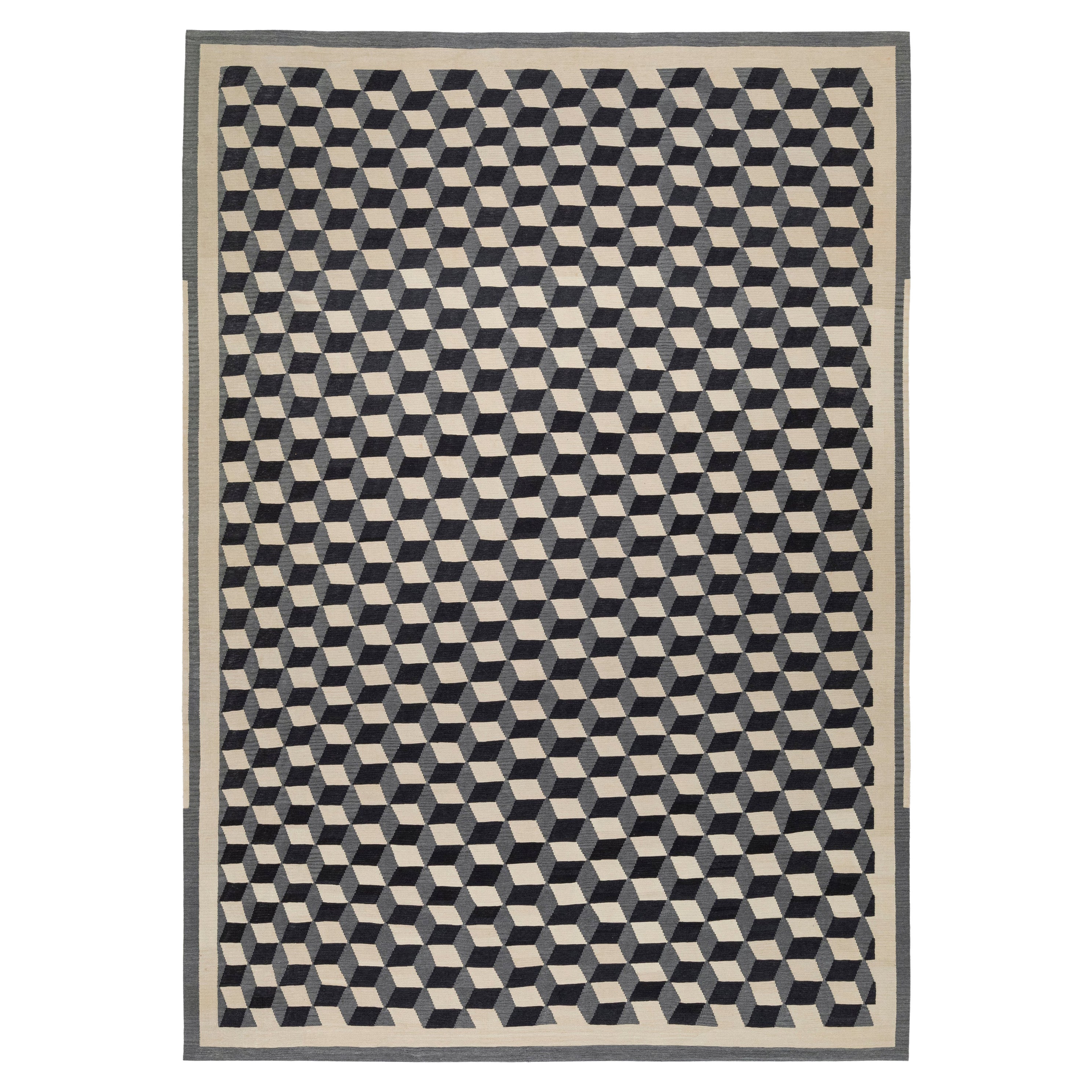 Geometric Cubist Checkered Flatweave Rug For Sale