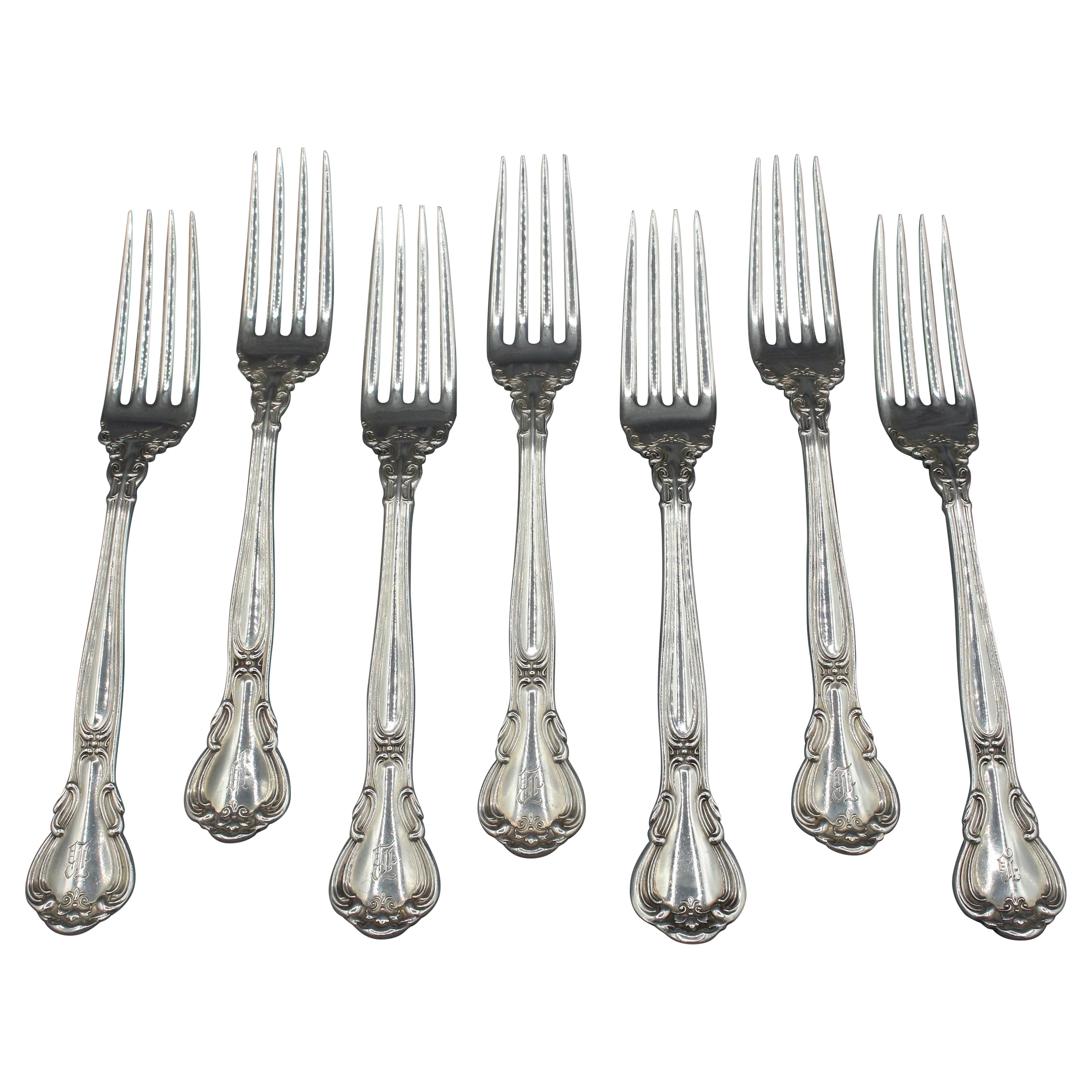 Late 19th Century Assembled Set of 7 Sterling Silver Luncheon Forks by Gorham For Sale