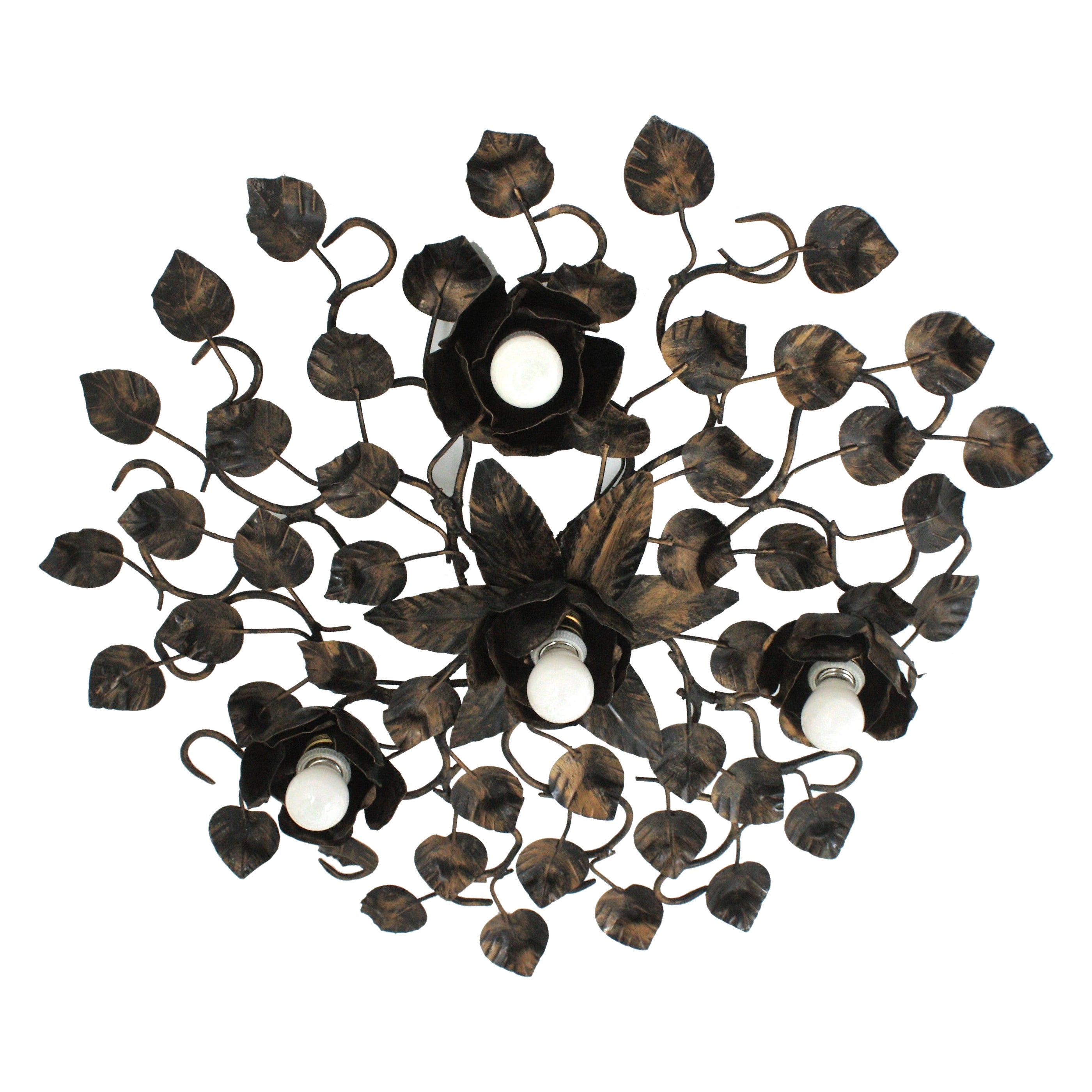 Large Foliage Floral Flush Mount Light Fixture in Gilt Patinated Iron 
