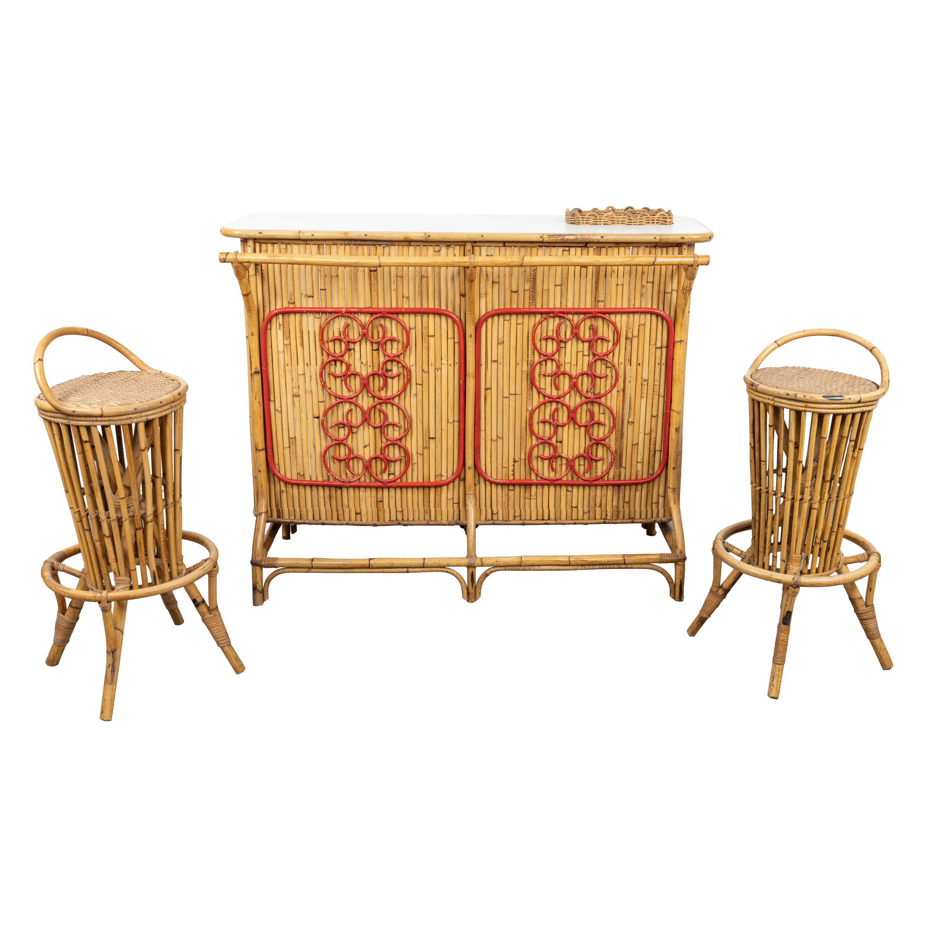 Bamboo and Rattan Cabinet Bar with Two Stools by Tito Agnoli, Italy 1950s For Sale