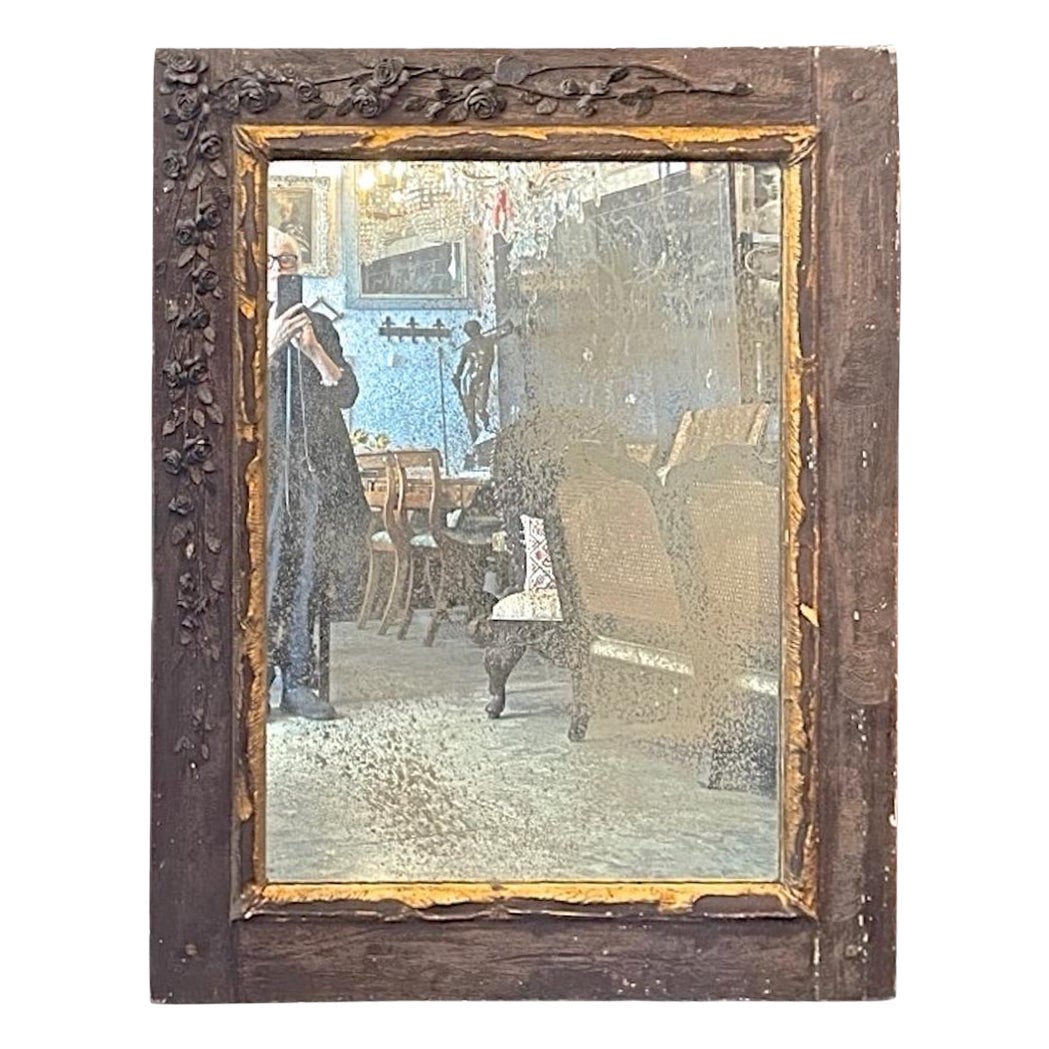 French 19th Century Wood Framed Mirror With Original Glass and Carved Rose Swag